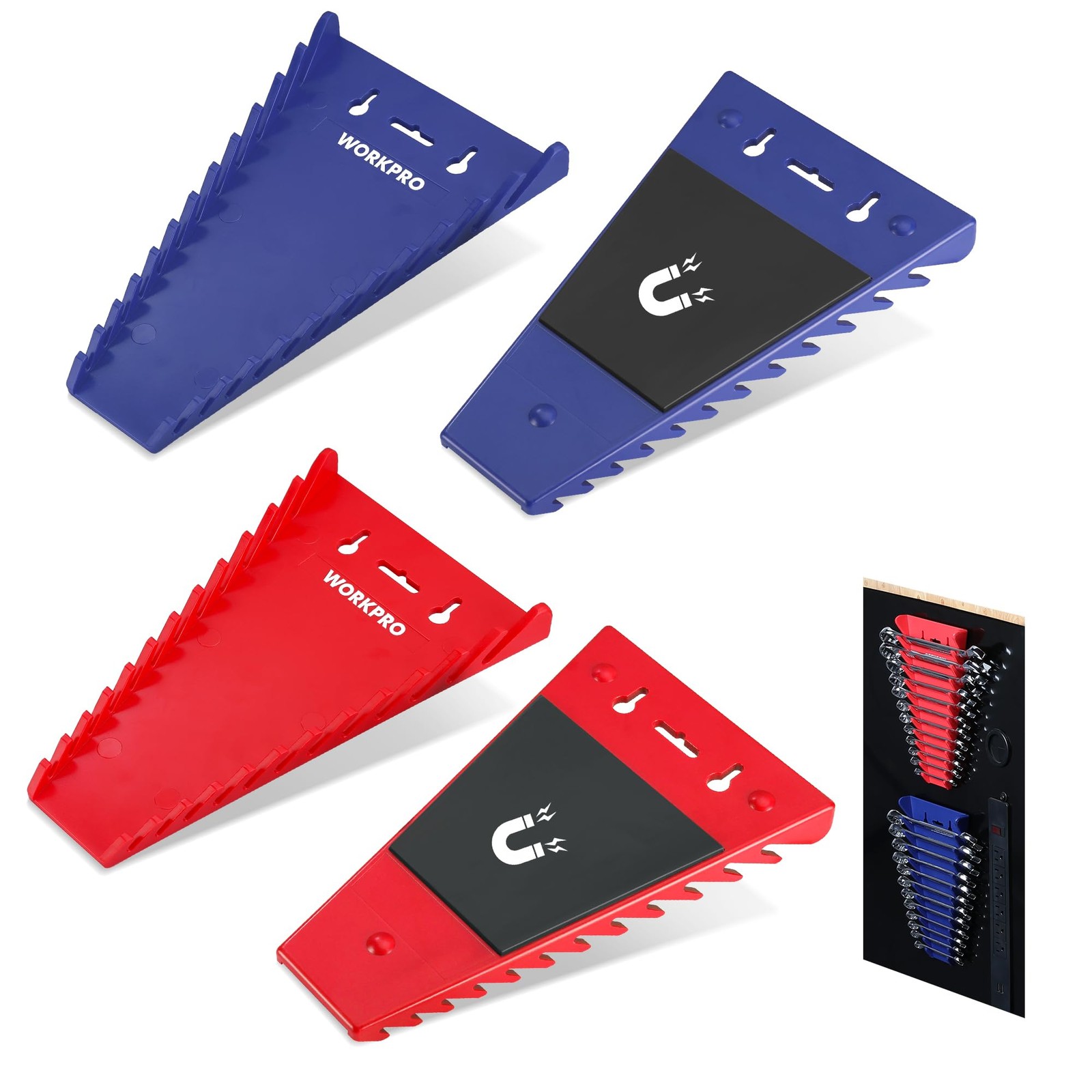 WORKPRO 4-Pack Magnetic Wrench Organizer, 12-Piece Holder Set Blue, Red