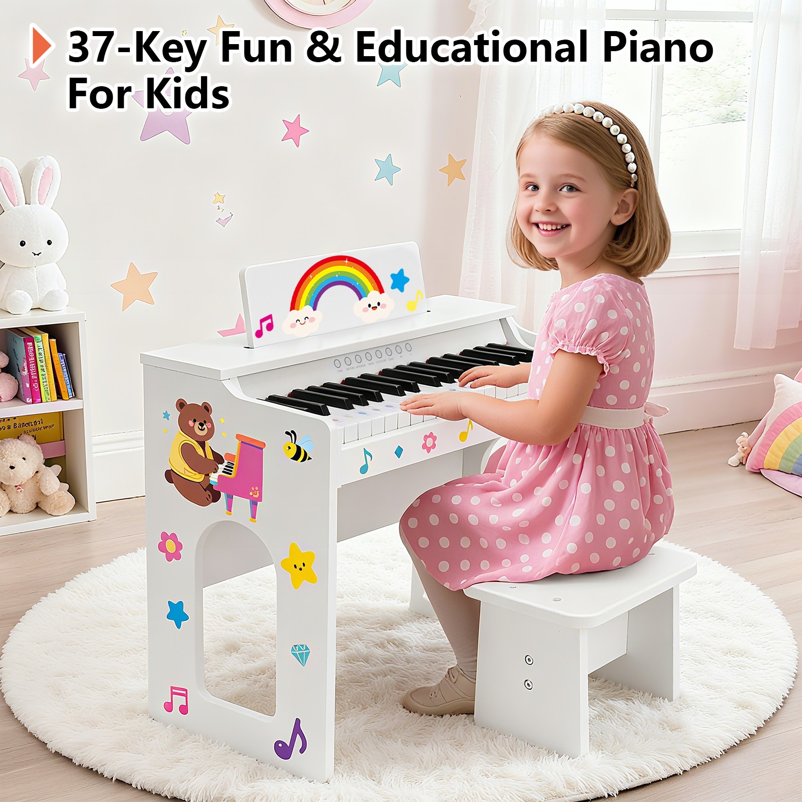 White 37Key Kids Digital Piano Keyboard Wood Toddler Toy Music Education w/Stool