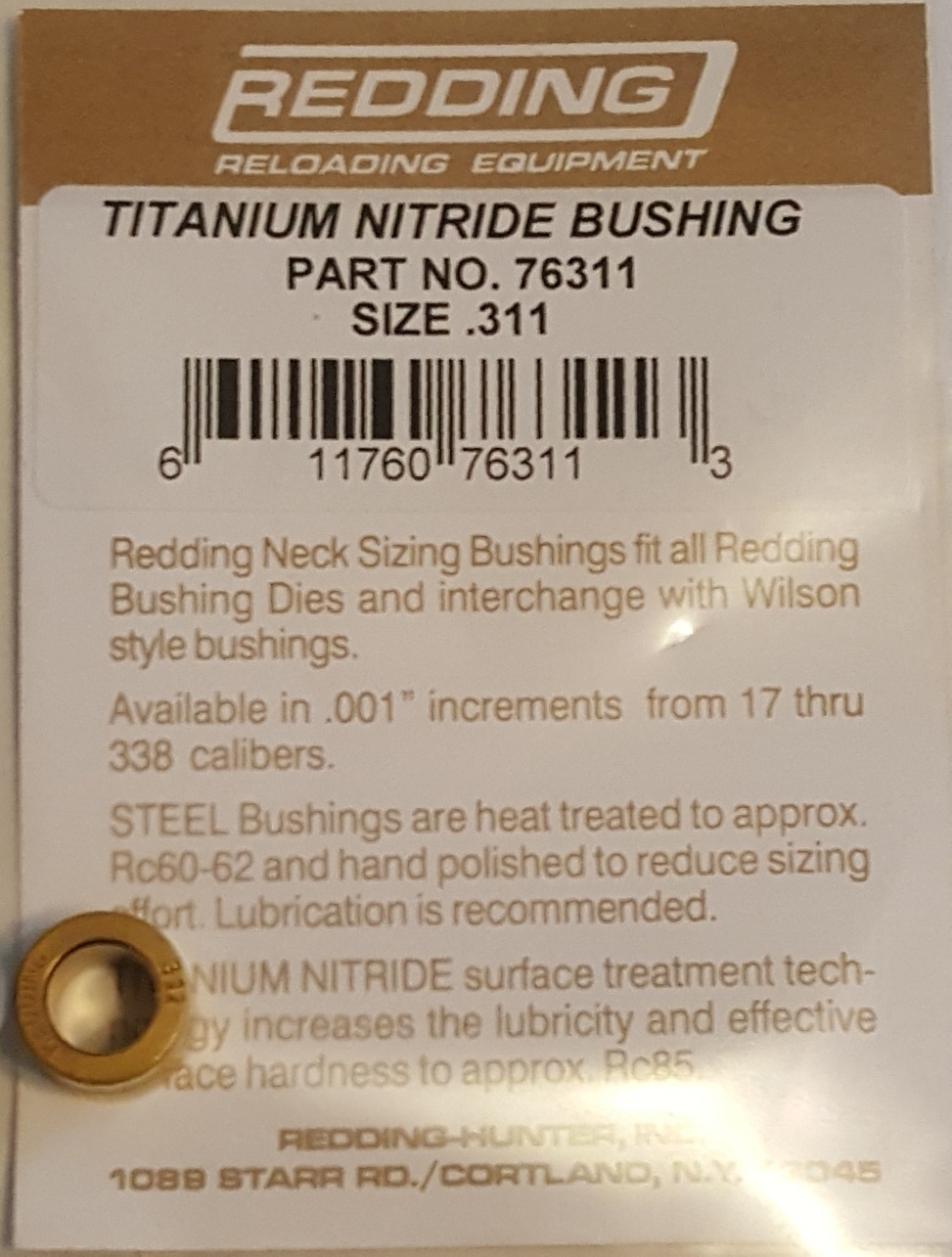76311 REDDING TITANIUM NITRIDE .311 NECK SIZE BUSHING - BRAND NEW - FREE SHIP