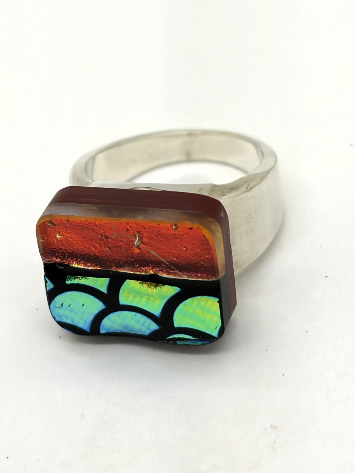 Dichroic Fused Glass Silver Toned Ring-Size 7.75