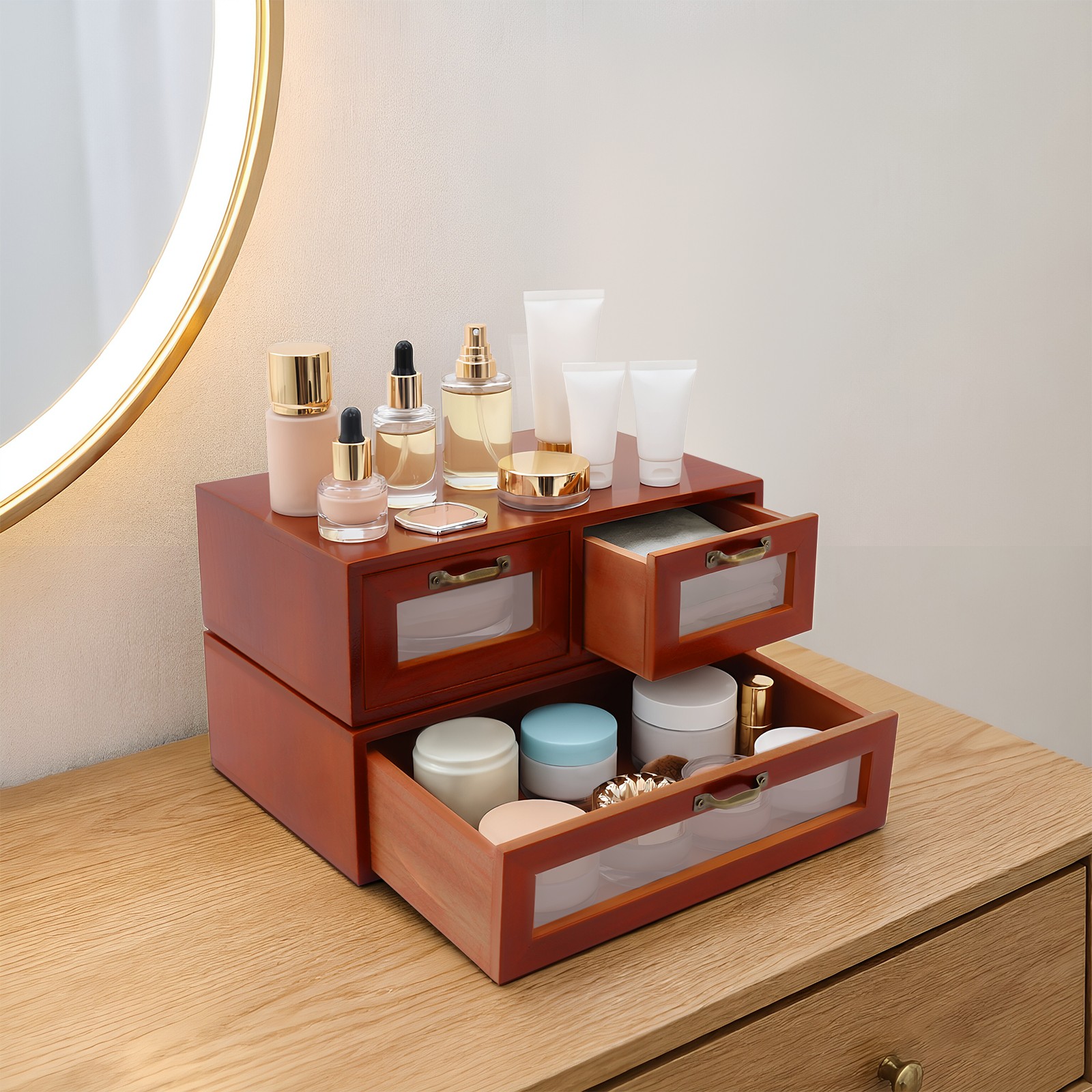 Stackable Wooden Storage Cabinets, 2 Desktop Organizing Cabinets with 3 Drawers