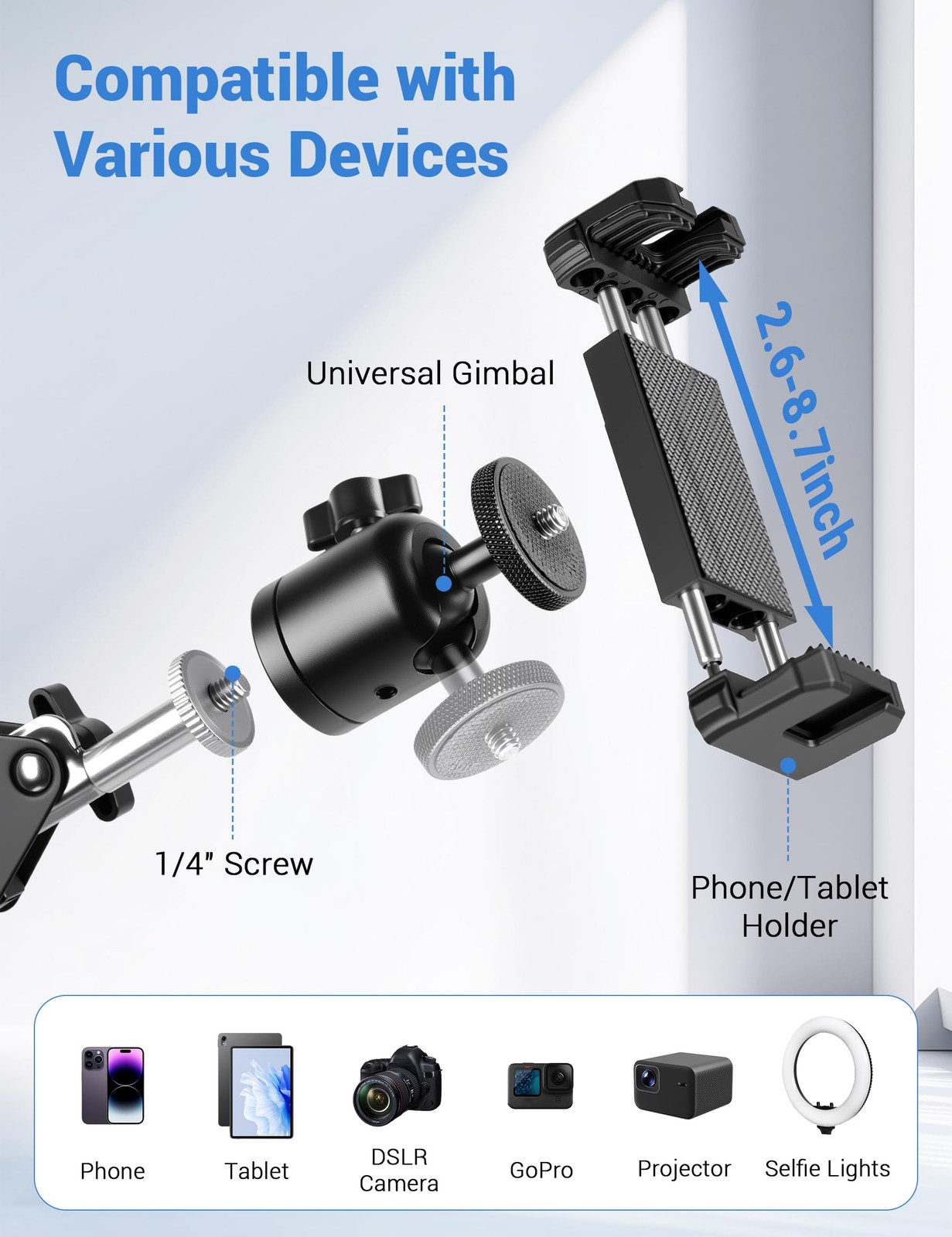 Evekea Overhead Camera Mount, Desk Mount with 360° Adjustable Black