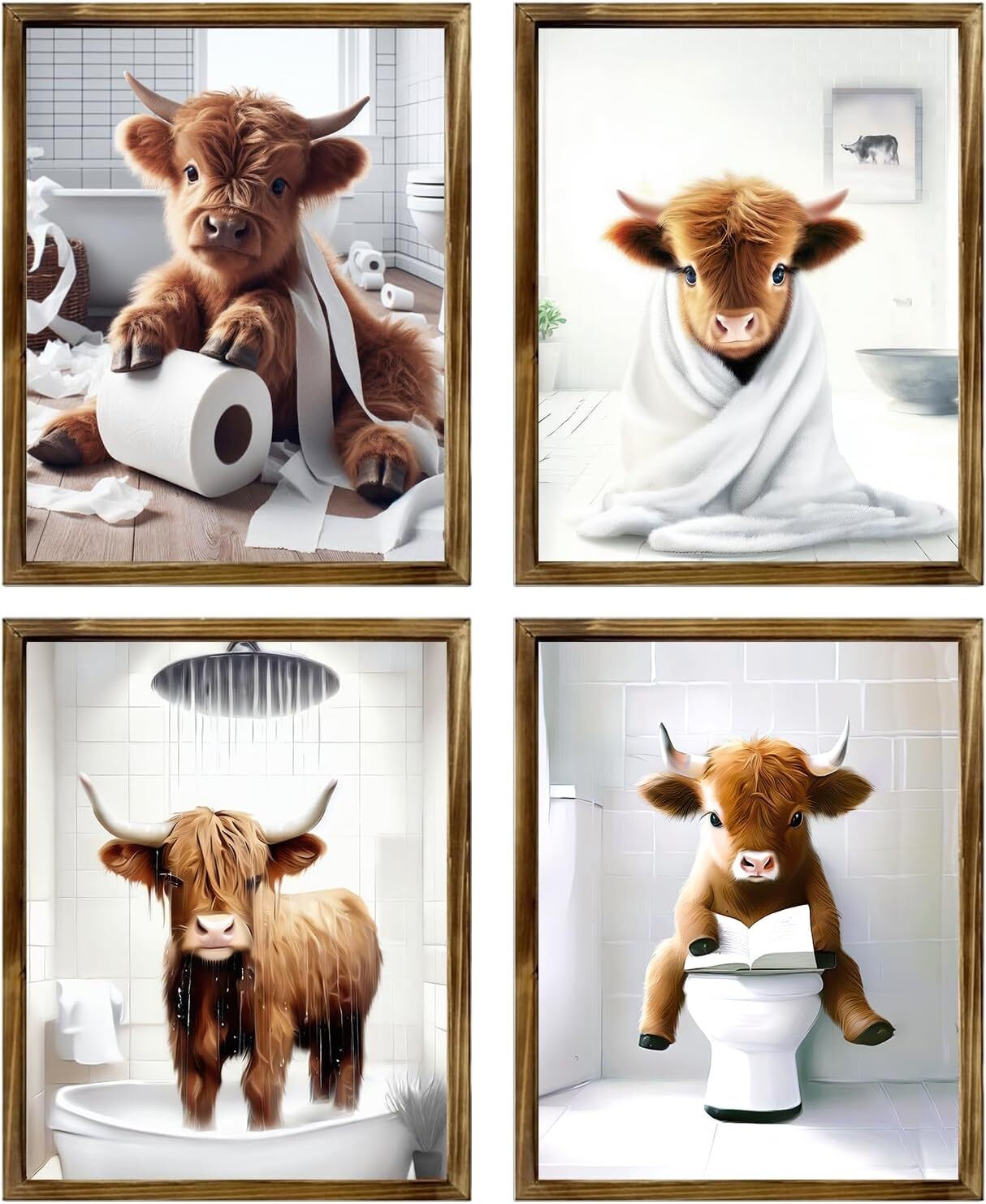 TWNSLLA Highland Cow Funny Bathroom Decor Set of 4pcs-8x10inch,