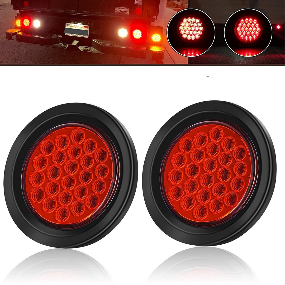 2PACK 4inch Red 24-LED Round Truck Trailer Tail Stop Turn Brake Light Waterproof