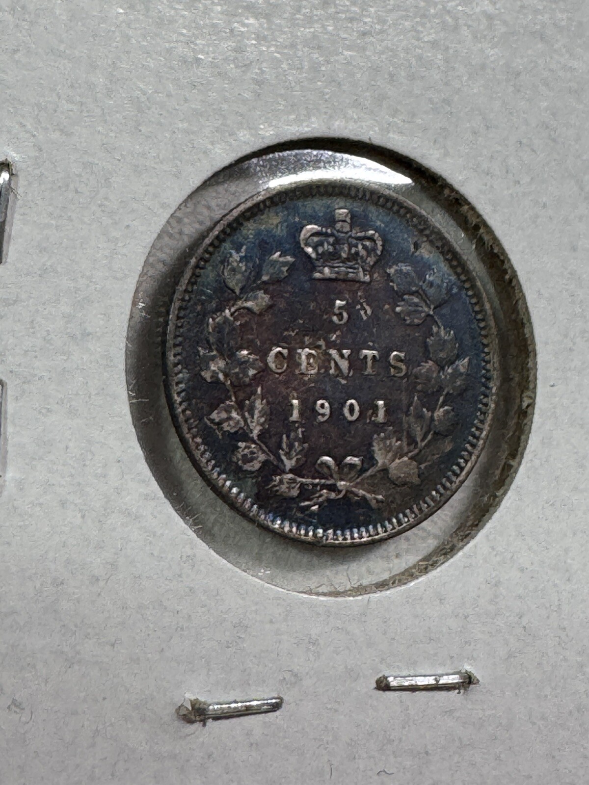 1901 Canada 5 Cents Silver Coin Damaged Toned
