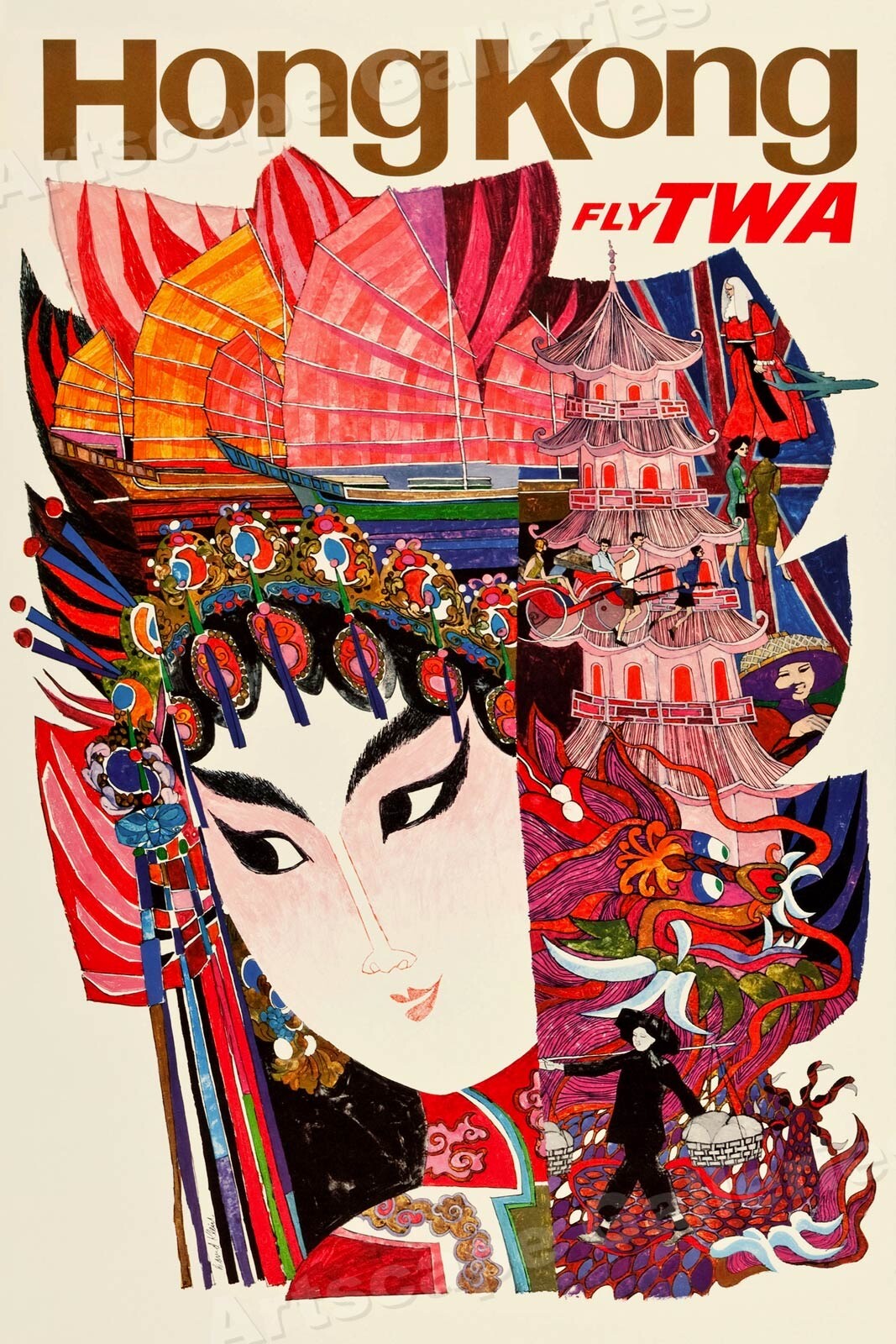 Visit Hong Kong 1960s Vintage Style Air Travel Poster - 16x24