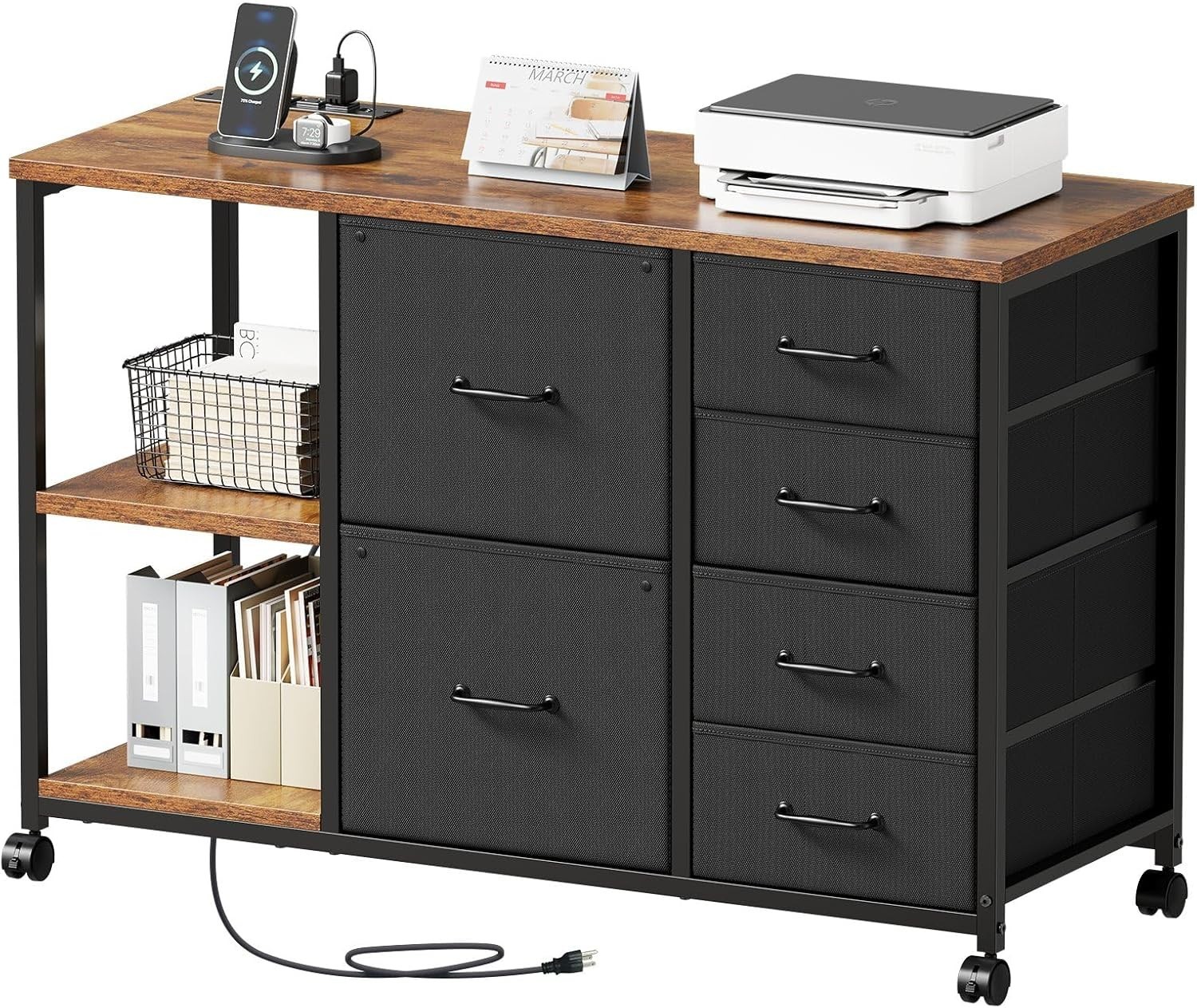 6-Drawer File Cabinet W/ Charging Station Rolling Printer Stand W/ Open Storage