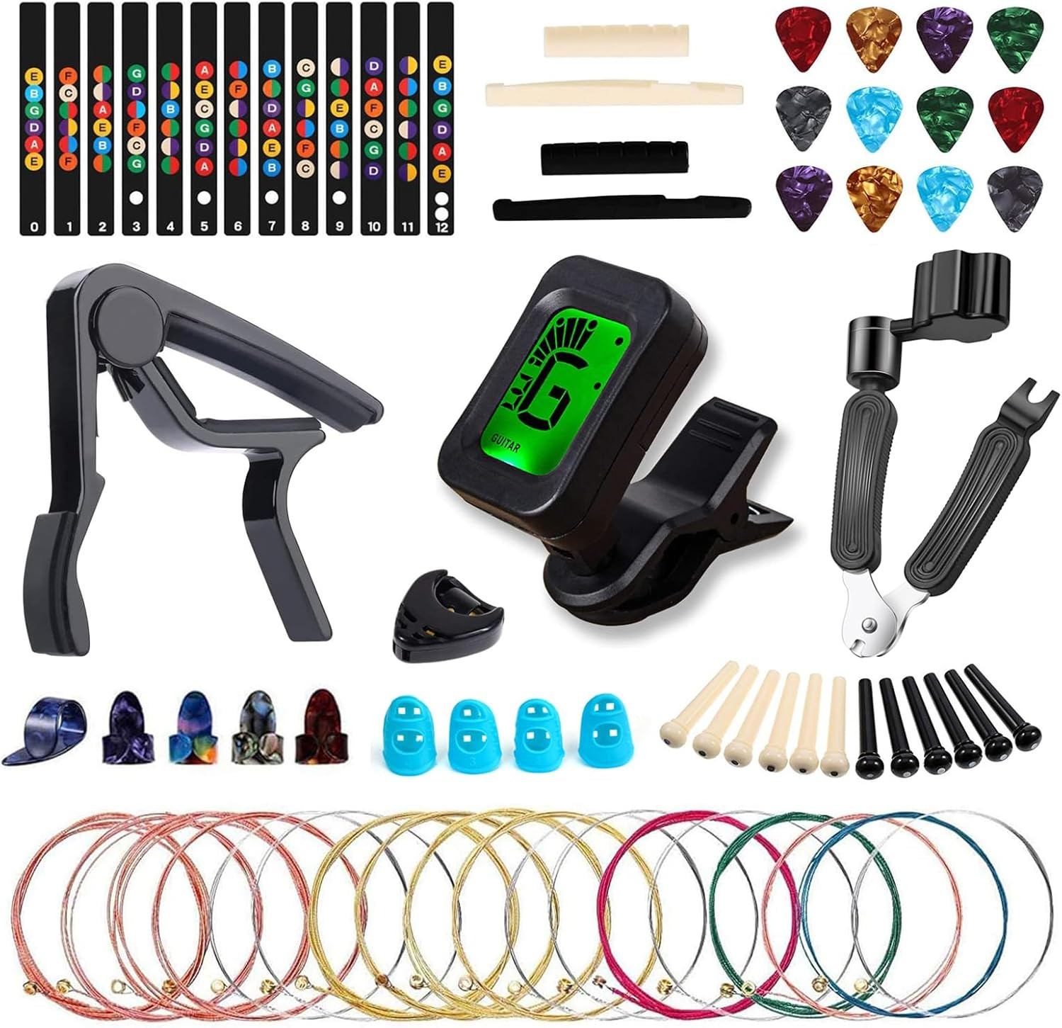 Kit 60pzs guitarra acustica cuerdas afinador cejilla puas stickers y mas extras