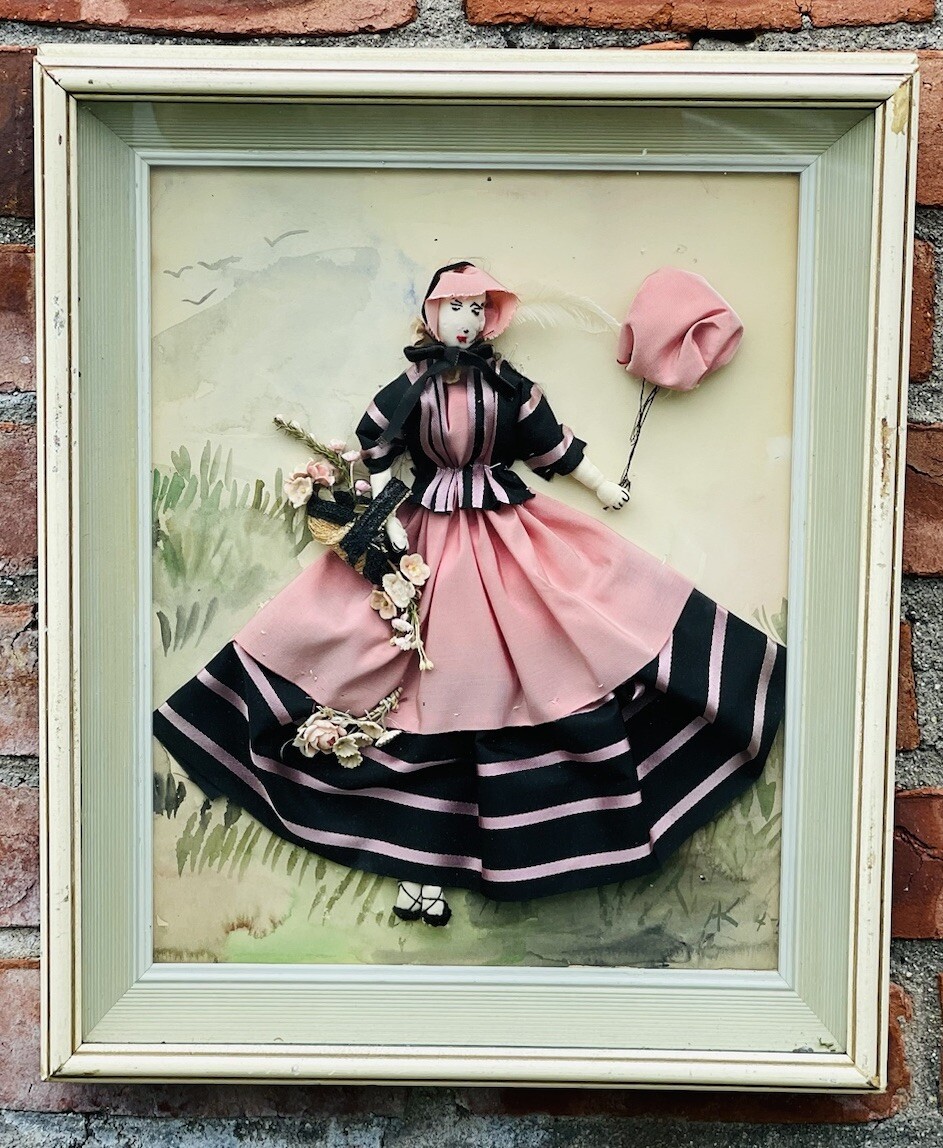 1953 American Folk Art Fabric Figure In Period Clothing Woman Strolling. Signed