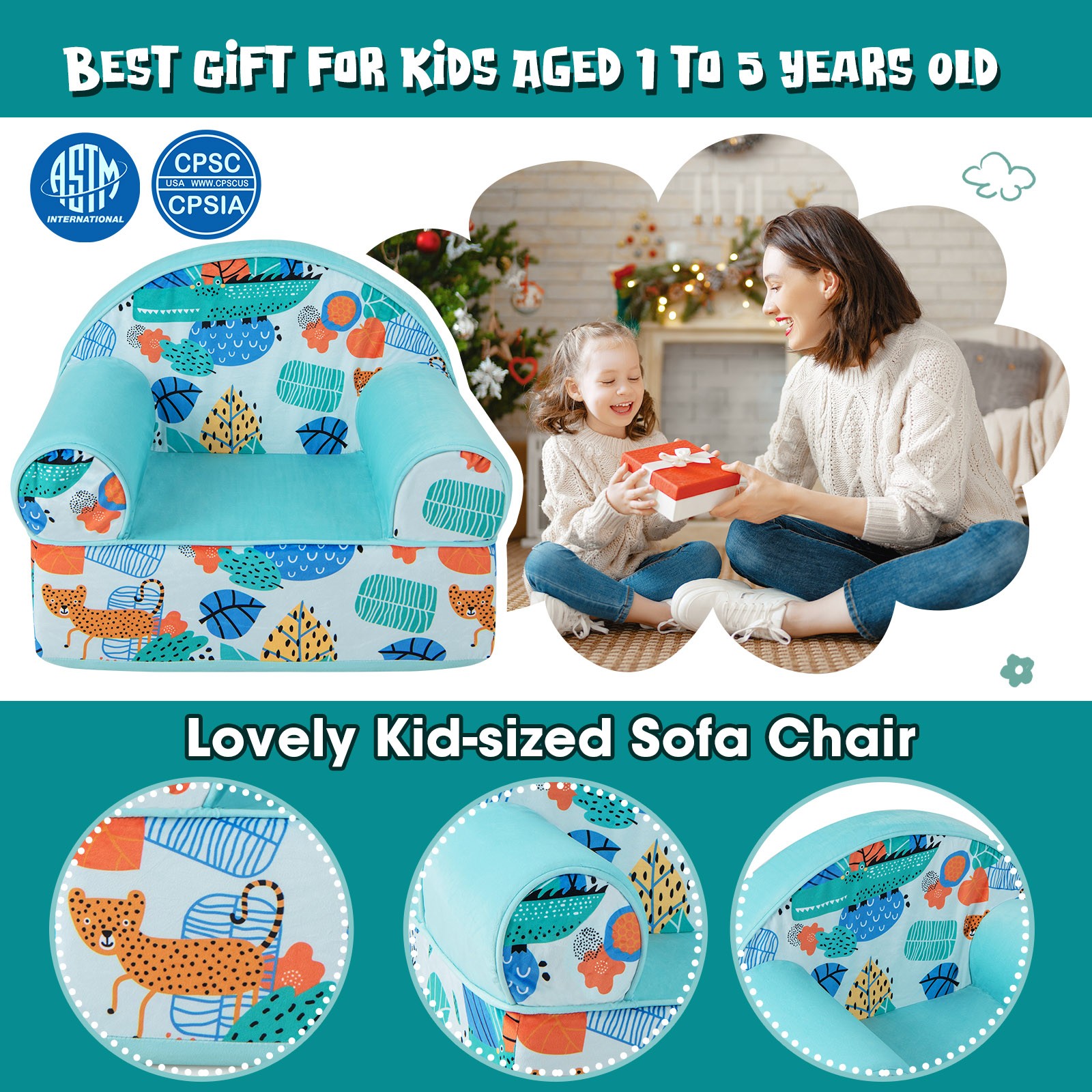 Kids Sofa Cheetah Cuddly Armchair Toddler Armrest Couch w/ Washable Cover