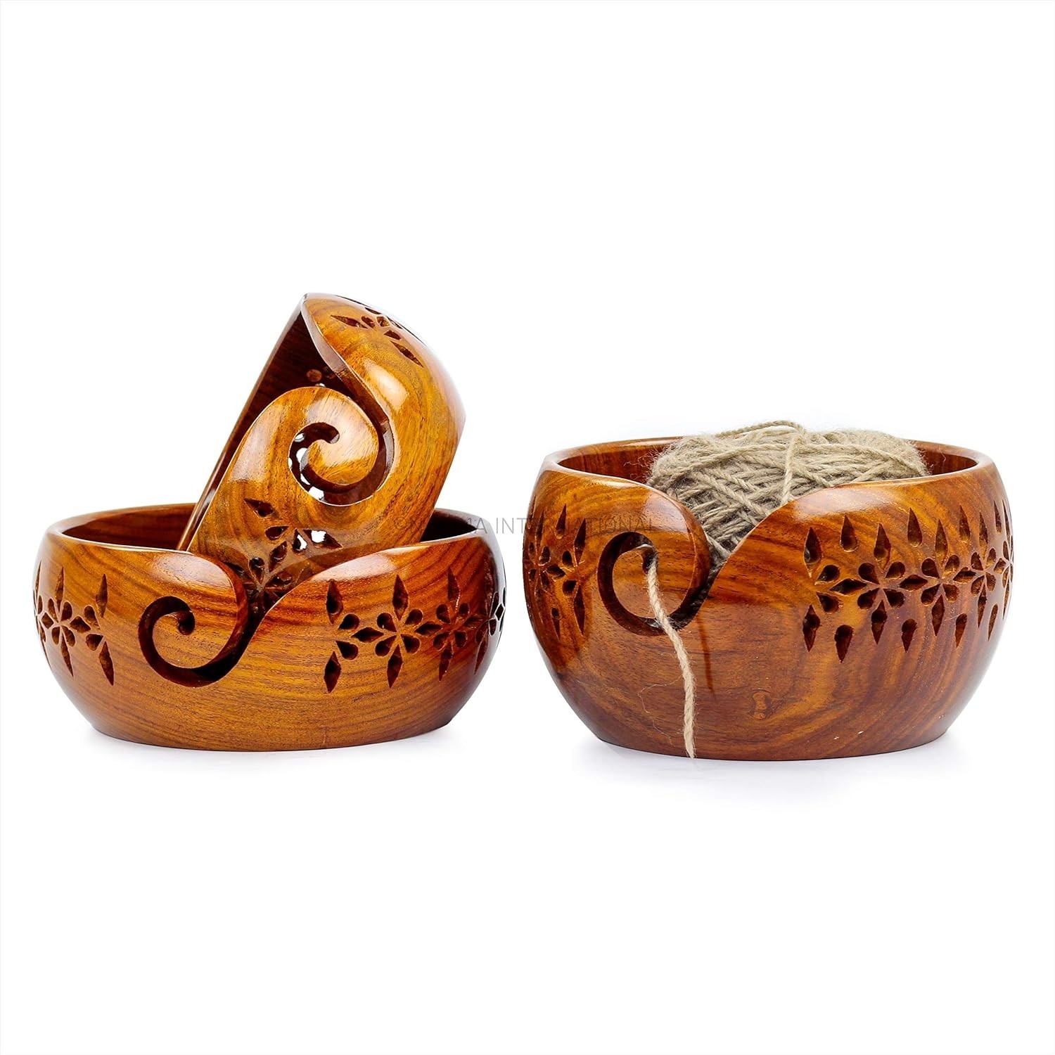 Authentic Rosewood Yarn Bowl Set with Deep Rich Finish for Knitting Accessories