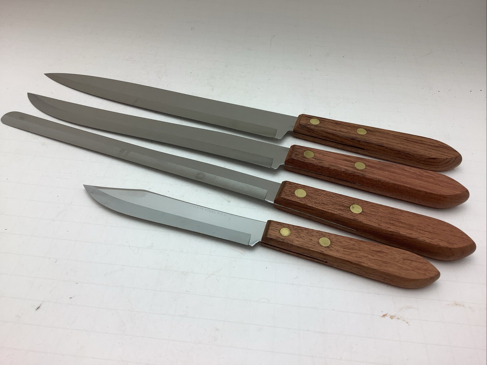 Vintage 4 Pcs. USA Stainless Steel Knife Set Wood Handle Excellent Condition
