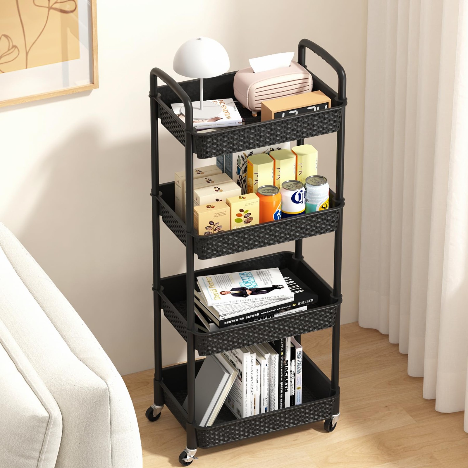 4-Tier Plastic Rolling Utility Cart with Handle, Utility Storage Cart for Off...