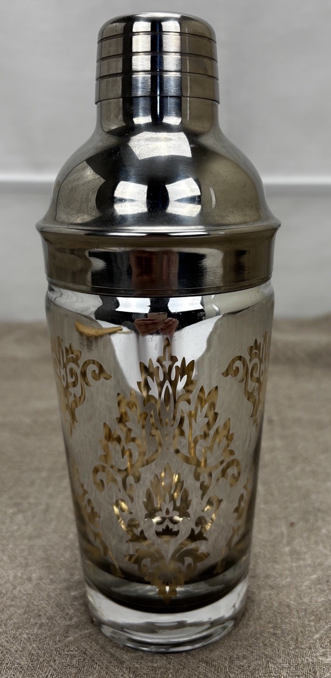 Cocktail Shaker, Gold And Silver Baroque Glass With Stainless Top Glamour 16 oz
