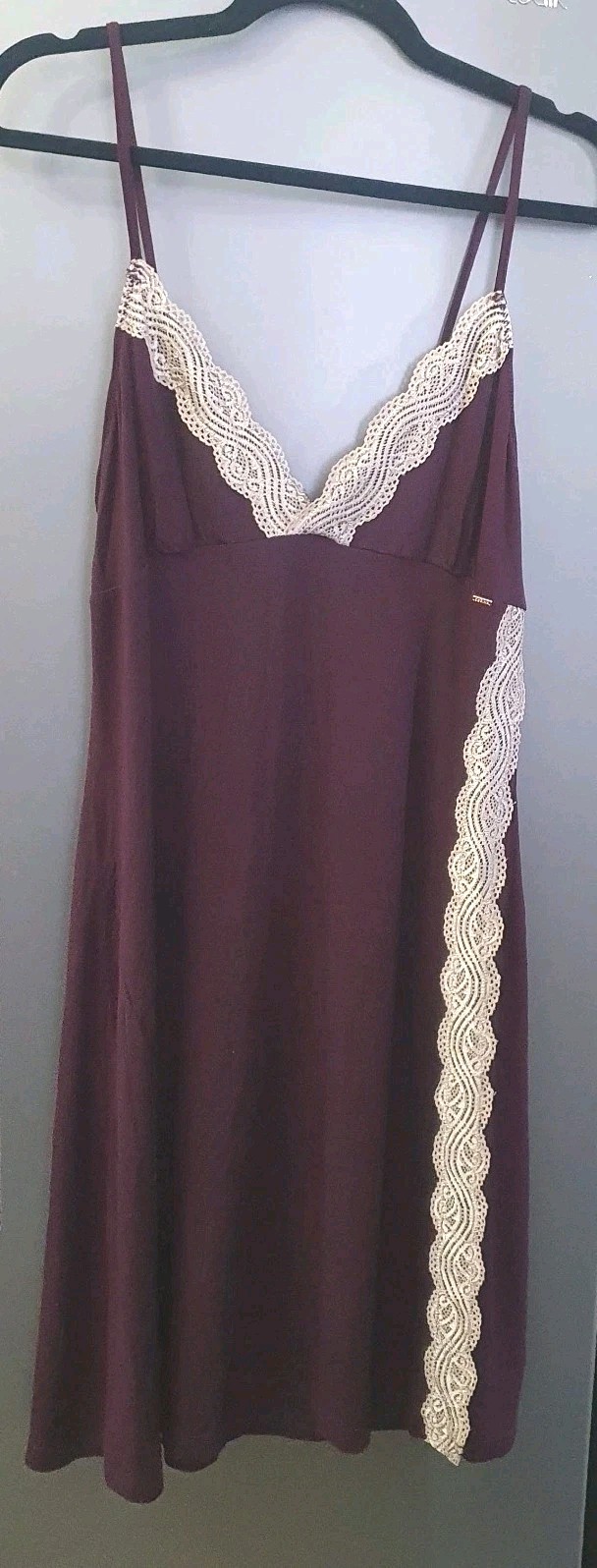 Dorina Plum Night Dress Size L UK14 Stretchy Jersey Lace Trim Nighty Side Slit