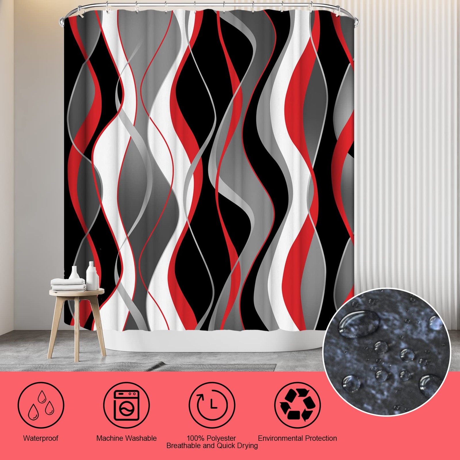 Red Shower Curtain Set with Rugs 72 x 72 4pc