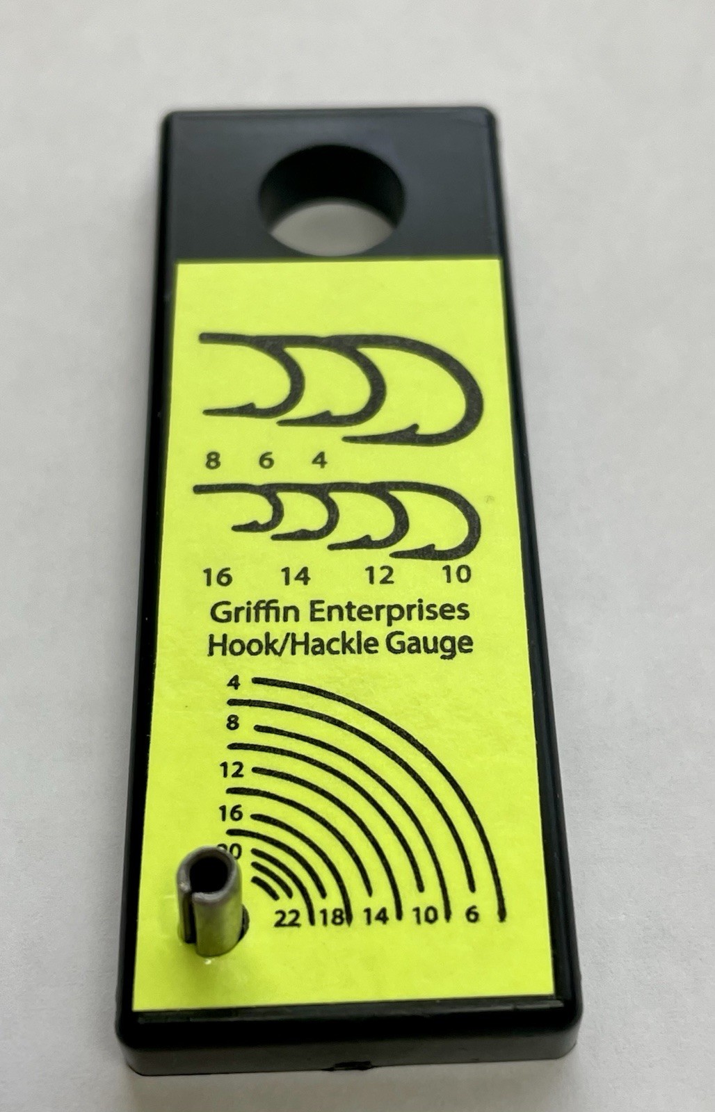 GRIFFIN HOOK & HACKLE GAUGE. FLY TYING TOOL MEASURES FEATHERS. FITS ON VISE STEM