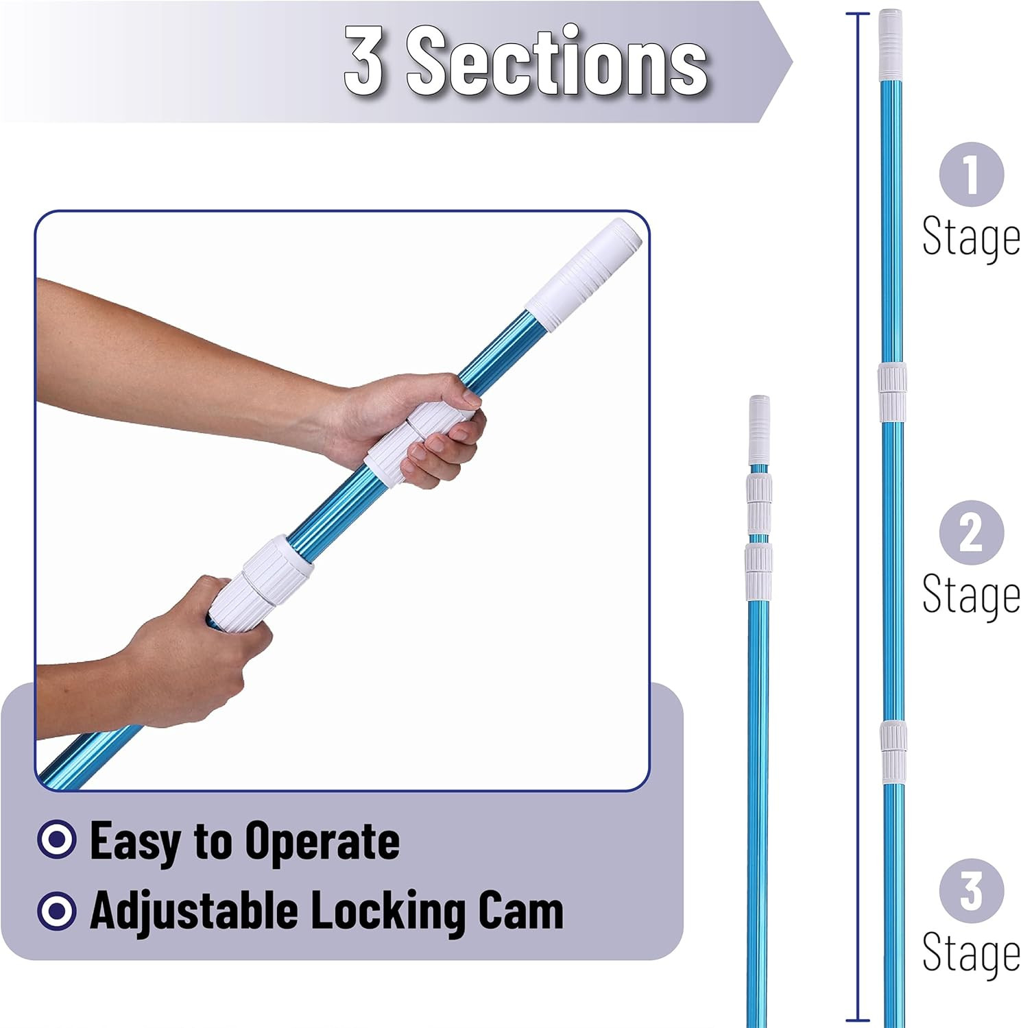 UNCO- Telescopic Pool Pole, 12 Ft, Adjustable 3Pc Expandable Cleaning Pole | Poo