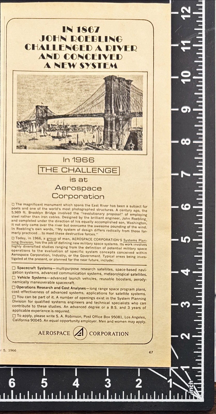 Aerospace Corporation Space Program The Challenge Vtg Print Ad 1966