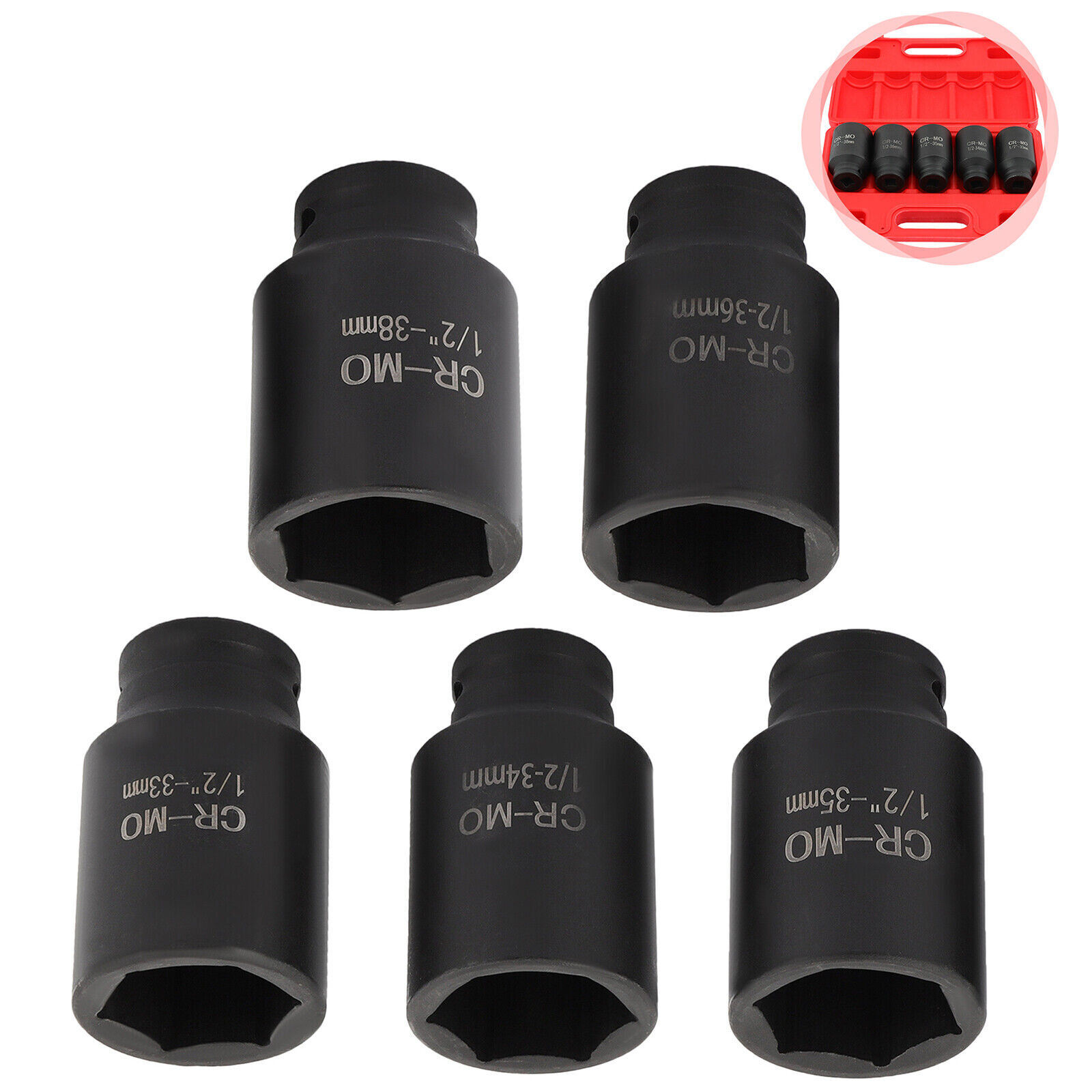 5Pcs Deep Impact Socket Set 1/2"Drive Metric Axle Hub Nut Socket 33-38mm 6-Point
