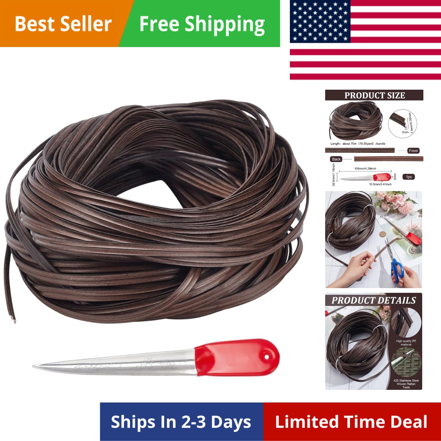 230FT Plastic Woven Material with Weaving Tool for Furniture Repair, 0.9Inch Bla