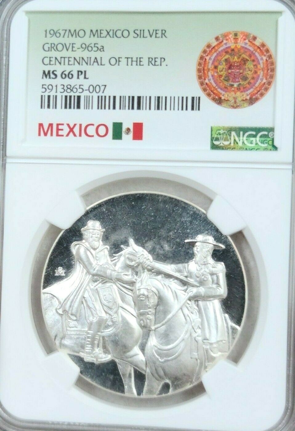 1967 MEXICO SILVER MEDAL GROVE 965a REPUBLIC CENTENNIAL NGC MS 66 PL TOP POP 1