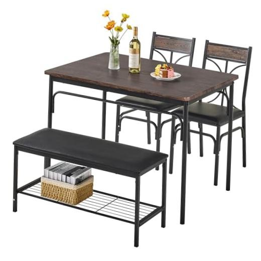 Kitchen Dining Table Set with Upholstered Bench & 2 seat for 4 Classic Brown