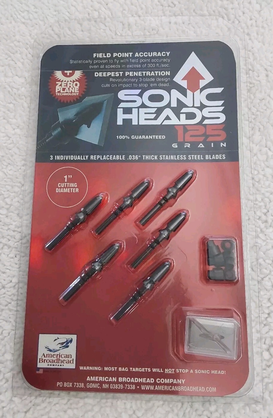 Sonic Heads 125 Grain 3 Replaceable .036" Stainless Steel Blades Made In USA