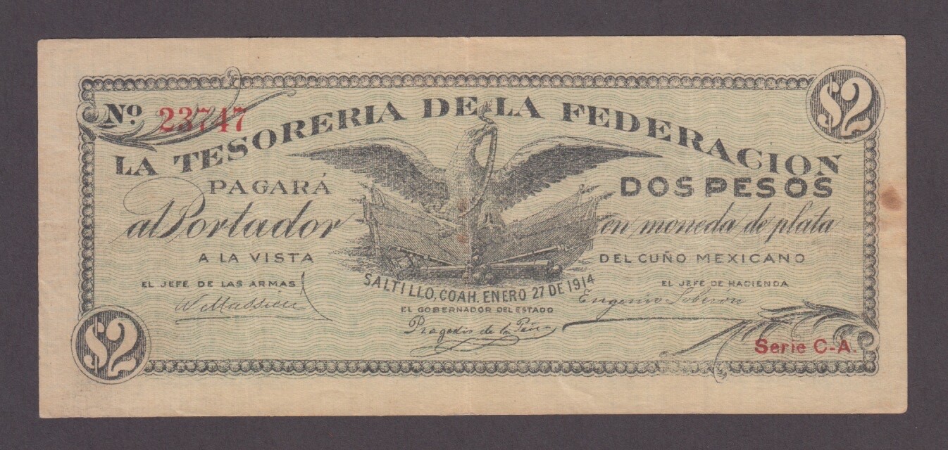MEXICO FEDERACION SALTILLO COAHUILA-3747   2 PESOS 1914 VF  WE COMBINE     2412