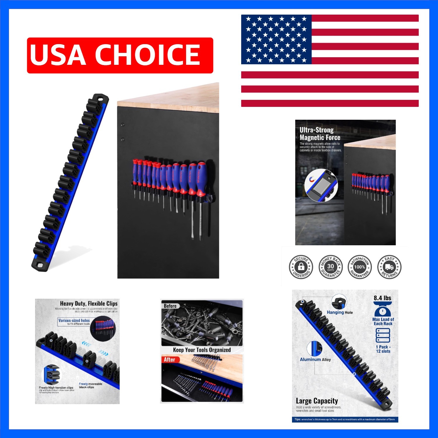 Magnetic Screwdriver Organizer and Wrench Organizer, Aluminum Rail Magnetic T...