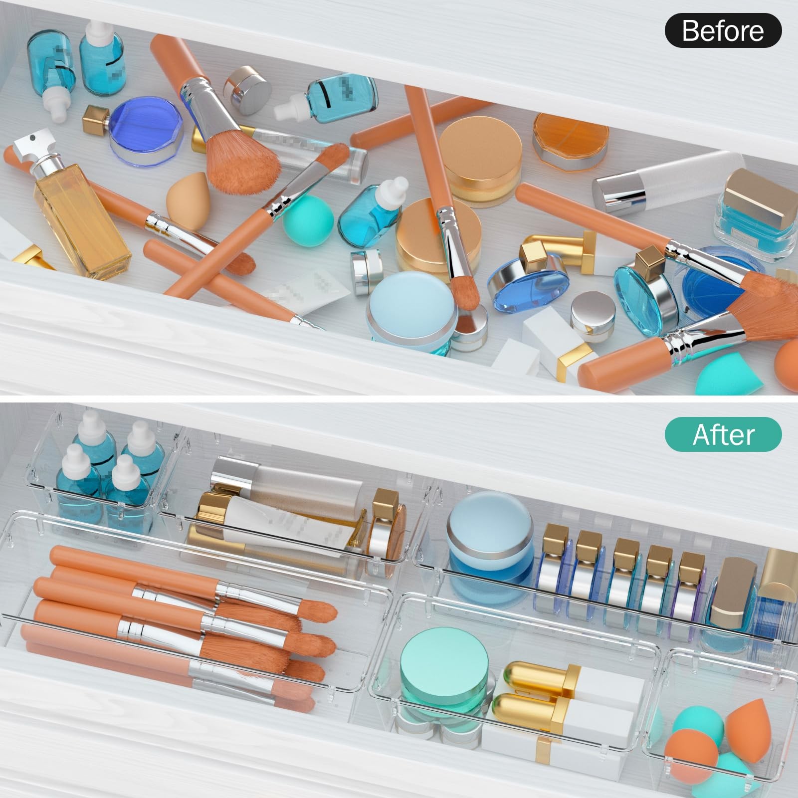 WOWBOX 6 Pack Clear Drawer Organizer Set, Acrylic Drawer Storage Trays, Stora...
