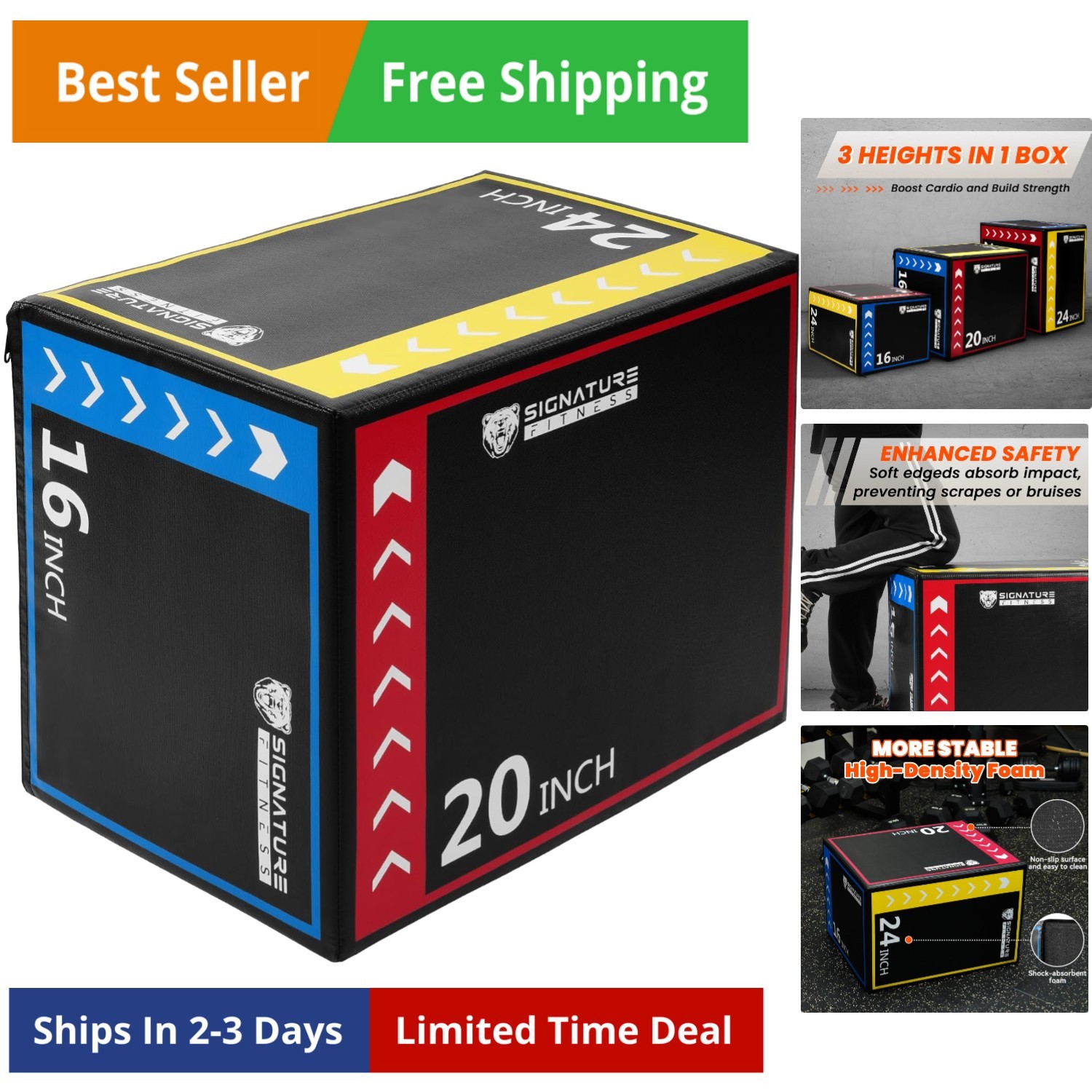 Plyo Box, 3-in-1 Foam Plyometric Jump Box, 16”x20”x24” Box Jump for for Home ...