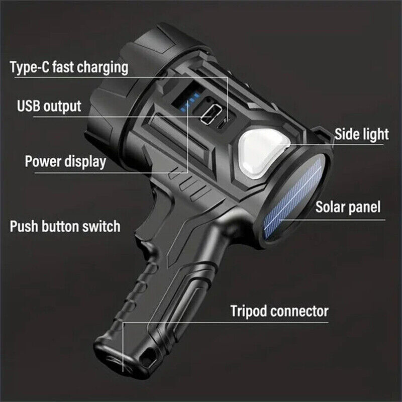 900000000LM Bright Solar/USB Rechargeable LED Spotlight Flashlight Searchlight
