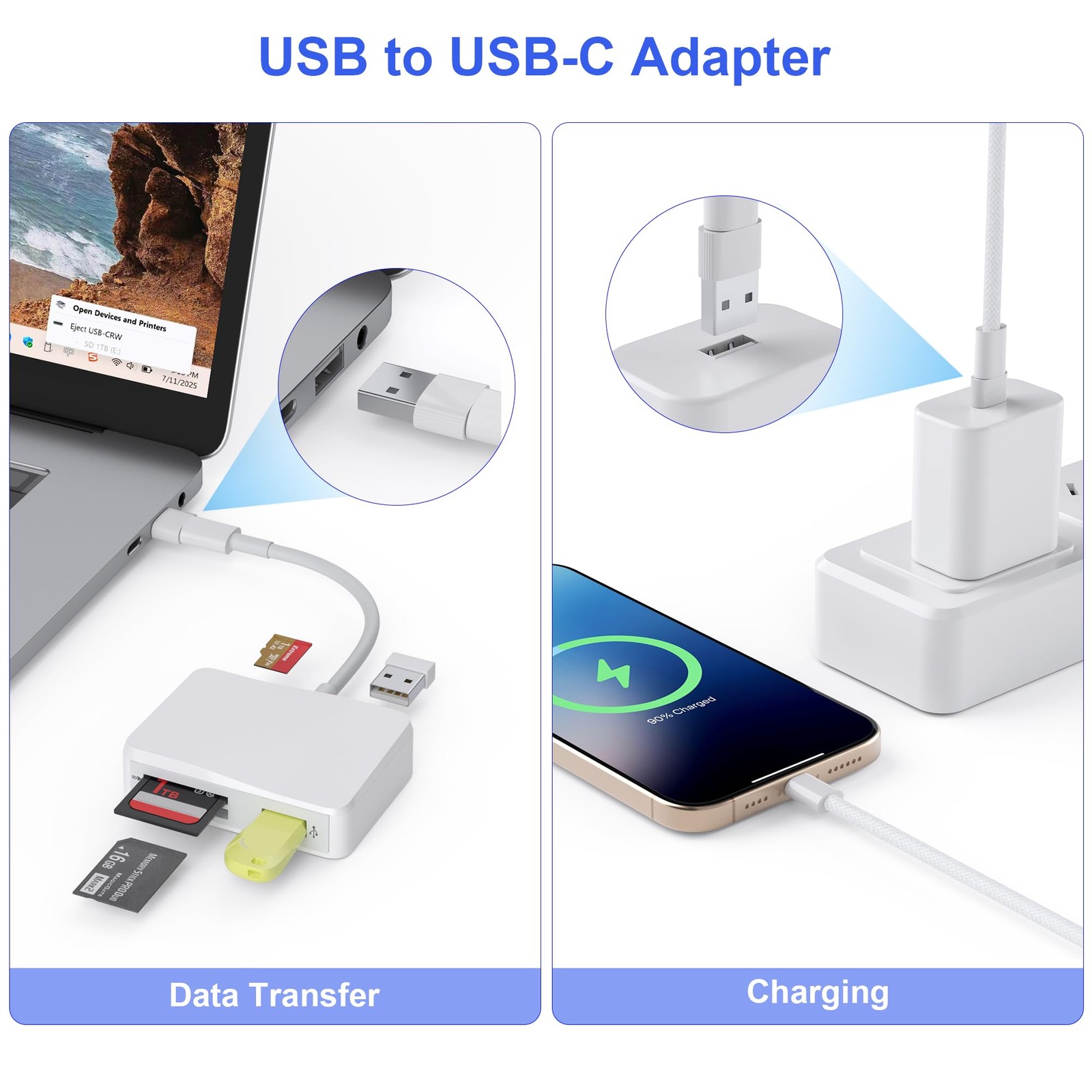 SD Card Reader, 5 in 1 USB-C & USB Adapter with SD/MicroSD/MS and White