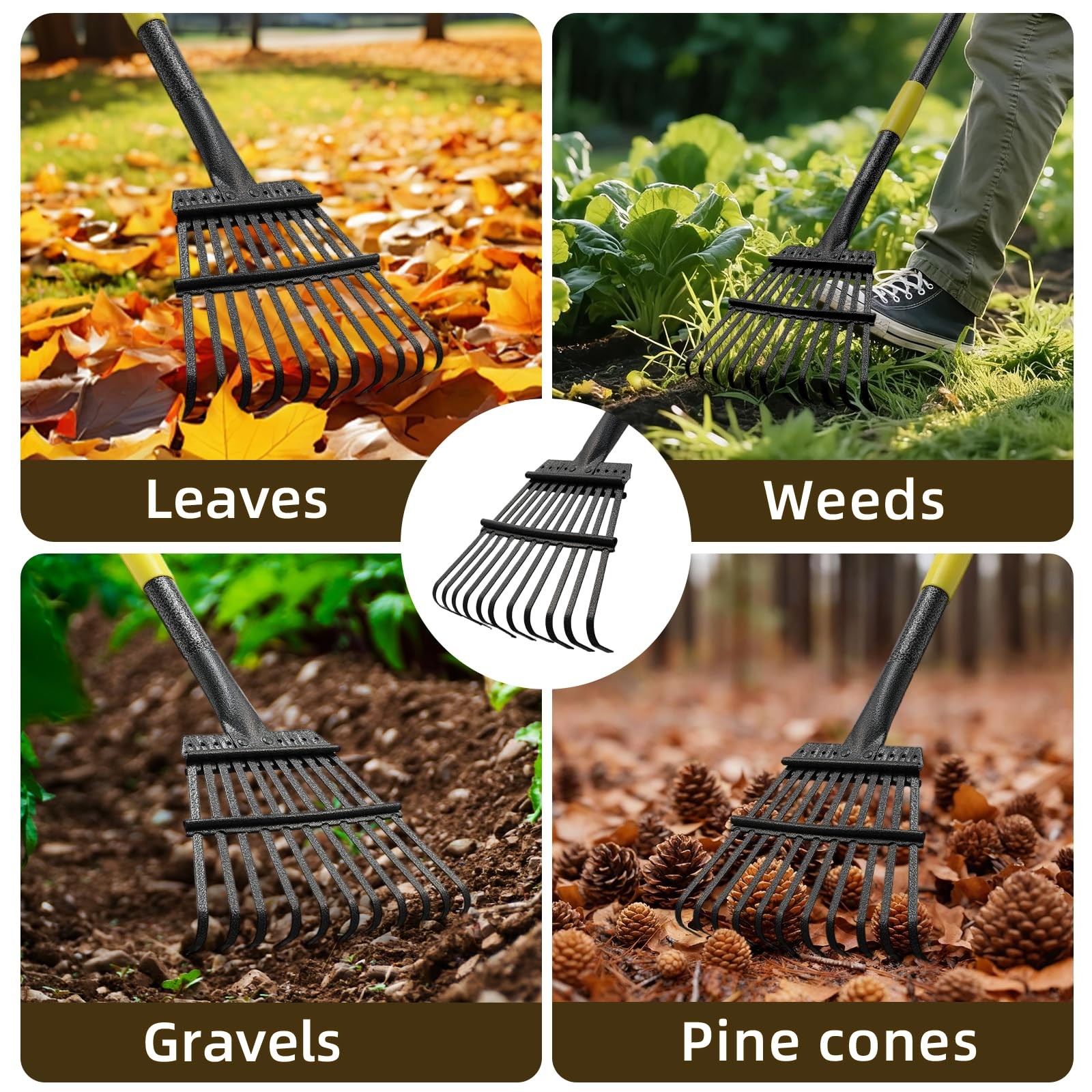 Leaf Rake, Small Rake for Leaves with 30-75 Adjustable Long Handle, 11 Tines ...