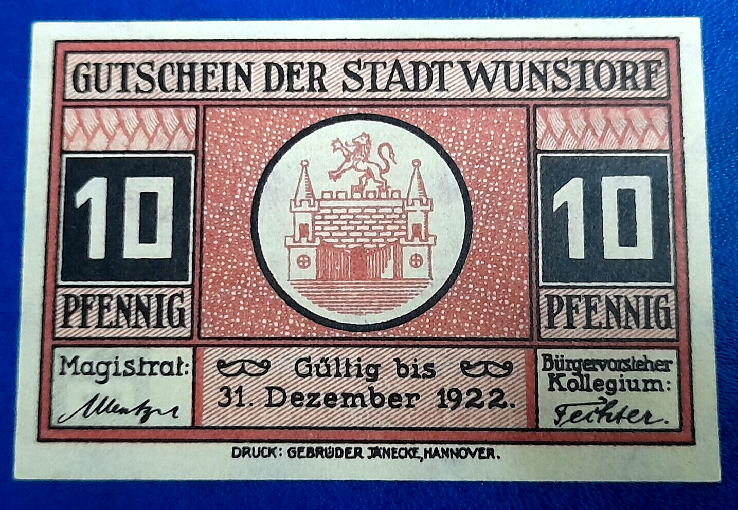WUNSTORF NOTGELD 10 PFENNIG 1921 EMERGENCY MONEY GERMANY BANKNOTE (30627)