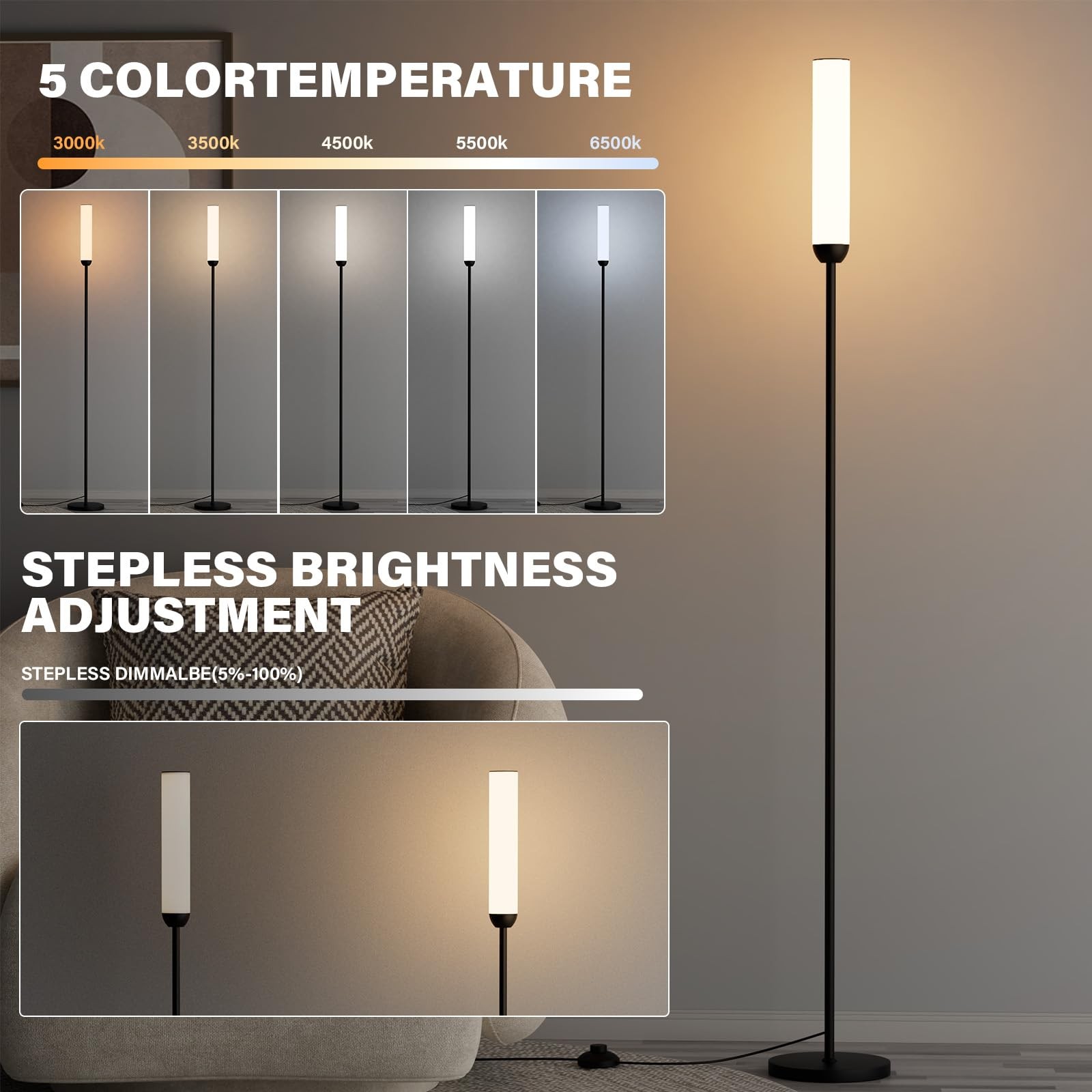 LED Floor Lamp with Remote Control, 65" Standing lamp with Stepless Adjustabl...
