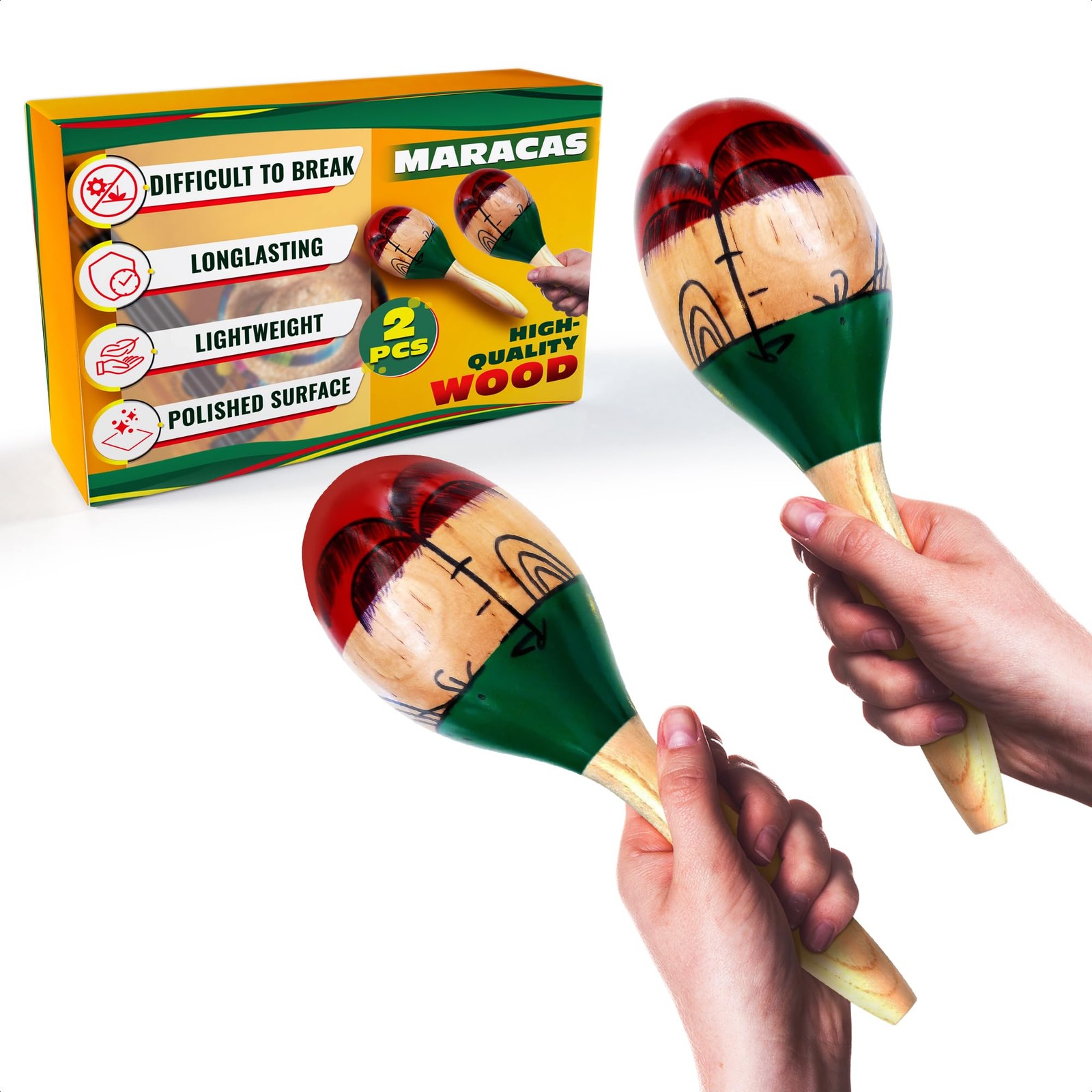 2 Pcs Large Wooden Maracas for Adults – 9.6” Handcrafted Natural Wood Finish