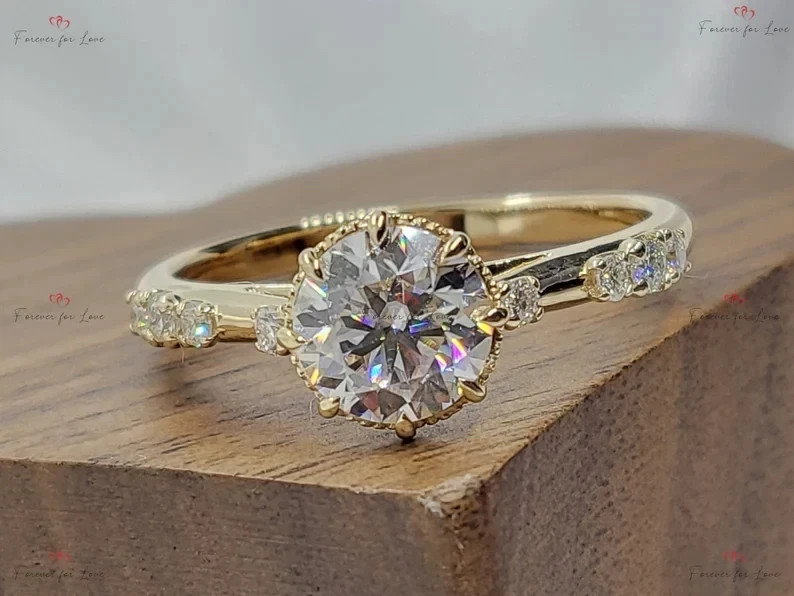 White Moissanite 2.10 Ct Round Cut Prong Wedding Ring 14K Yellow Gold Finish
