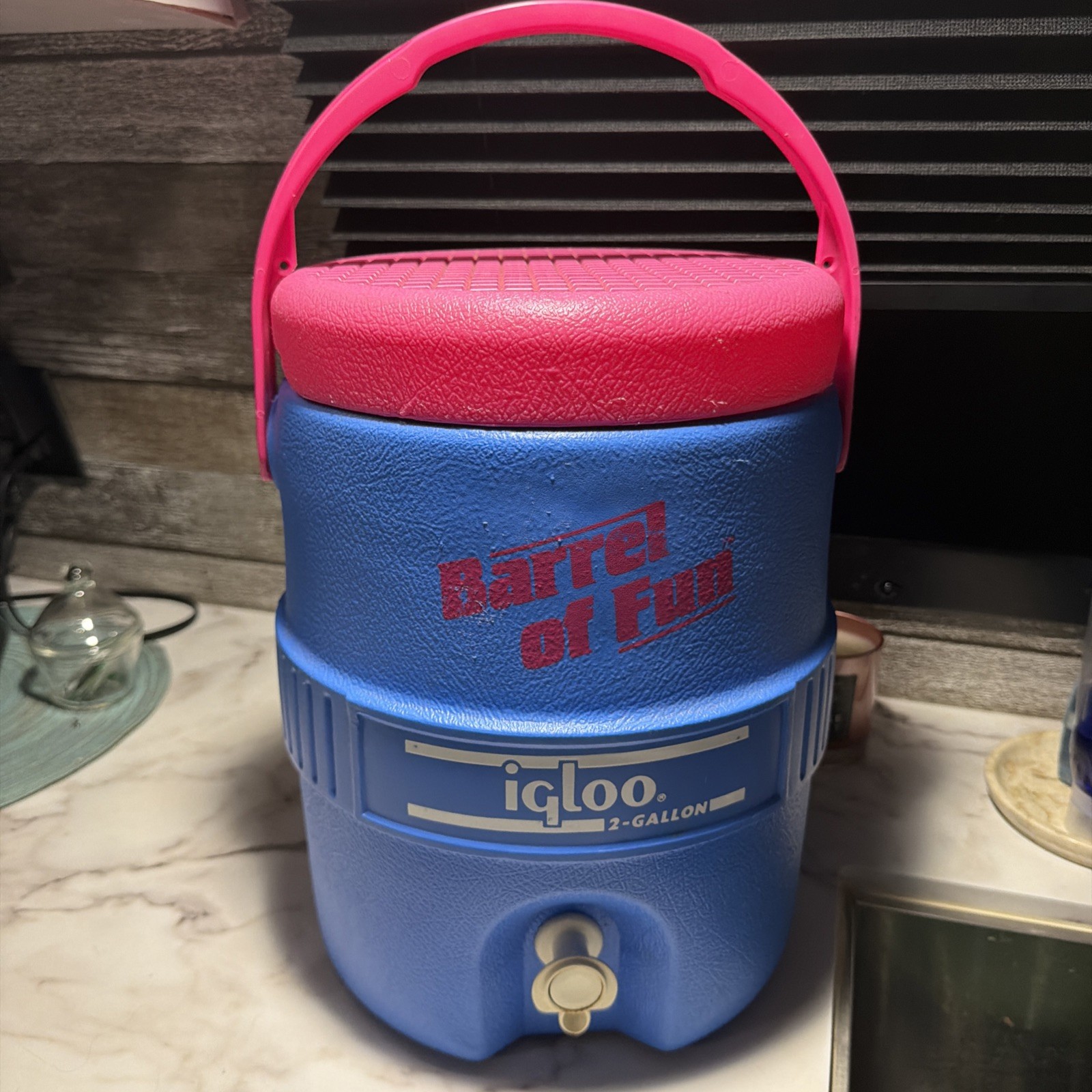 Vintage Igloo Brand Barrel Of Fun 2 Gallon Cooler Retro  Pink Teal Yellow Rare