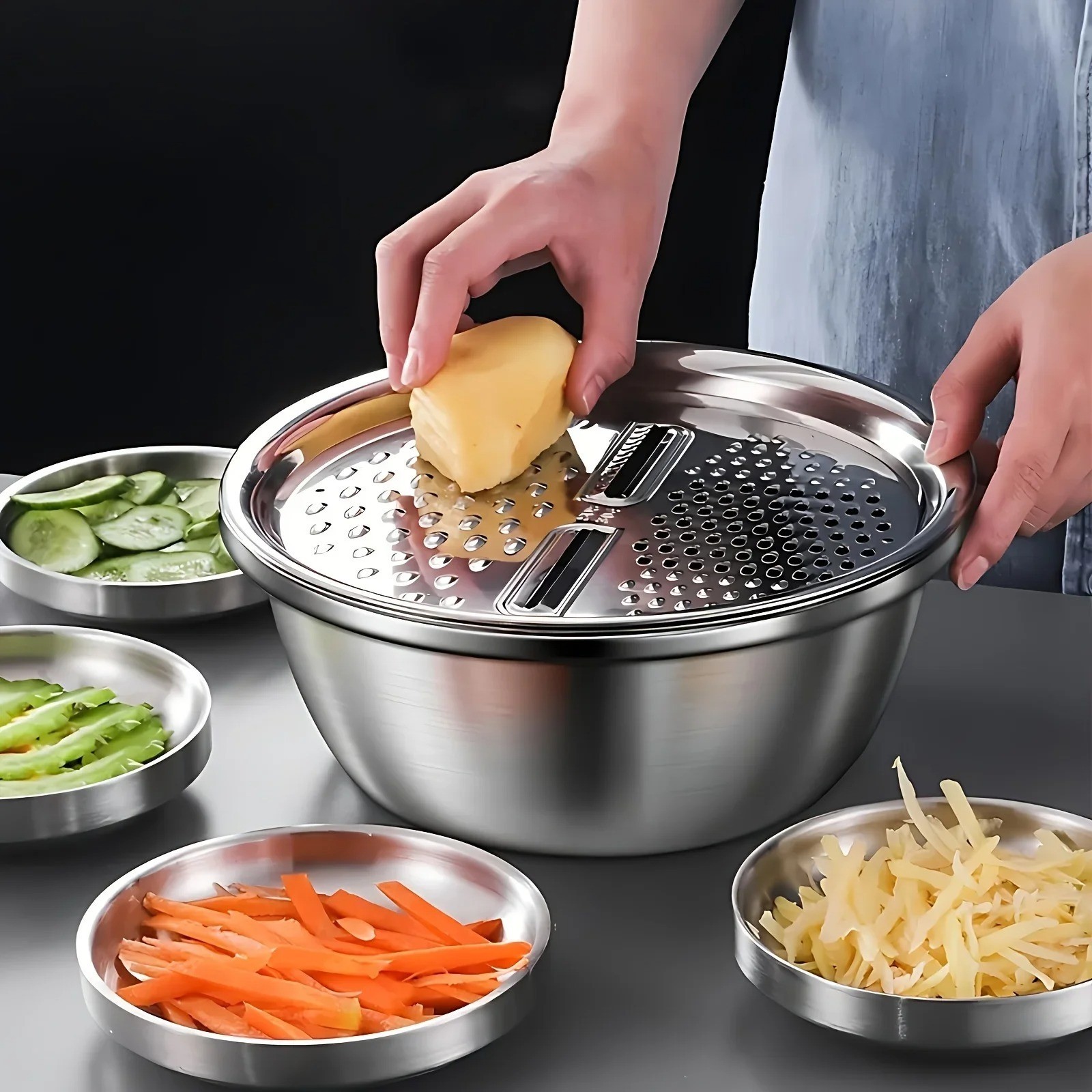 3pcs Veg Slicer Set: Stainless Steel, Basin & Drain Basket Multifunctional
