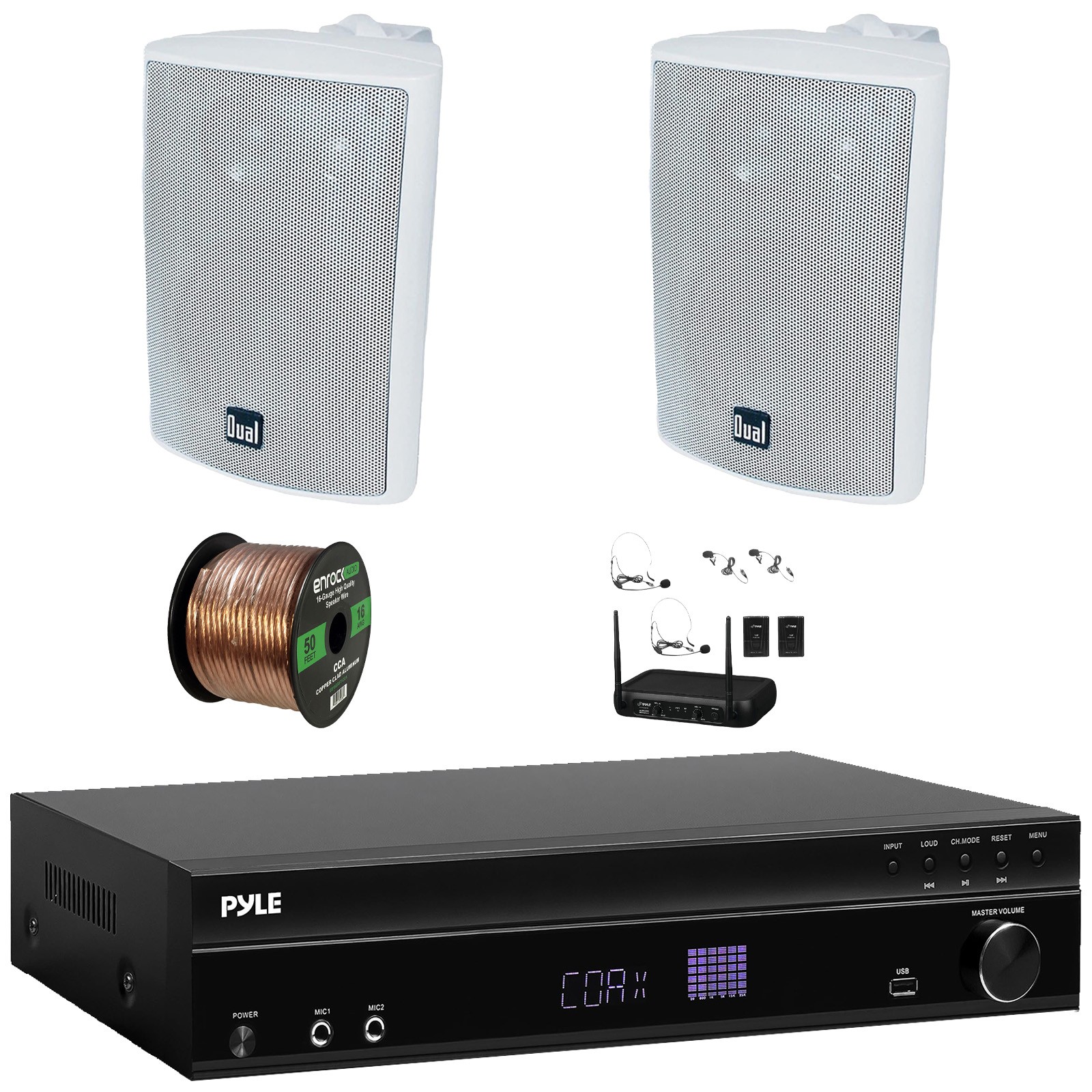 Pyle 5.2CH Home Audio ARC Receiver, 2x 4" 200W White Speakers + Wireless Mic