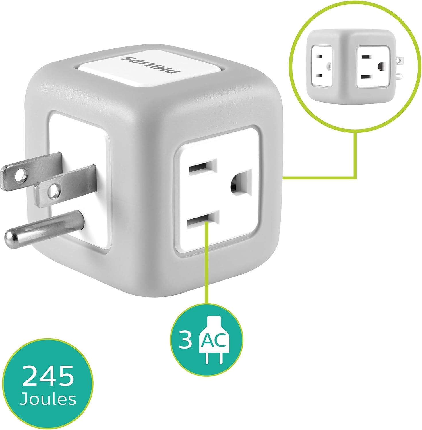 Philips Compact 3-Outlet Surge Protector for Home, Office & Electronics