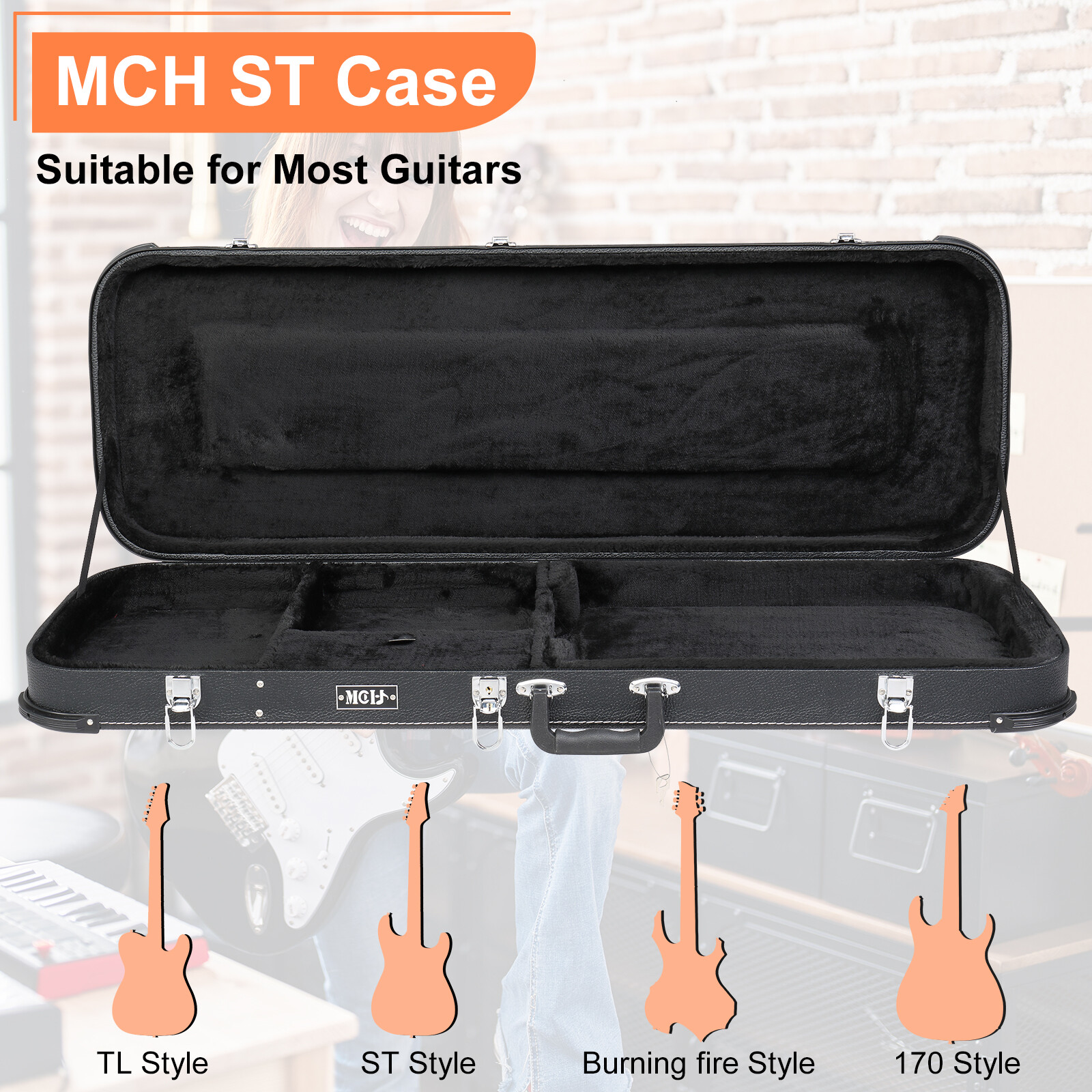 ST Electric Guitar Hardshell Case - Black & SG/TL/Model 170/Flame-Shaped Models