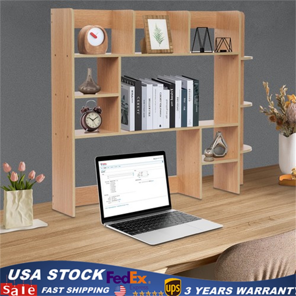 Desktop Bookshelf Storage Organizer Computer Desk Shelf Display Rack Wood Color