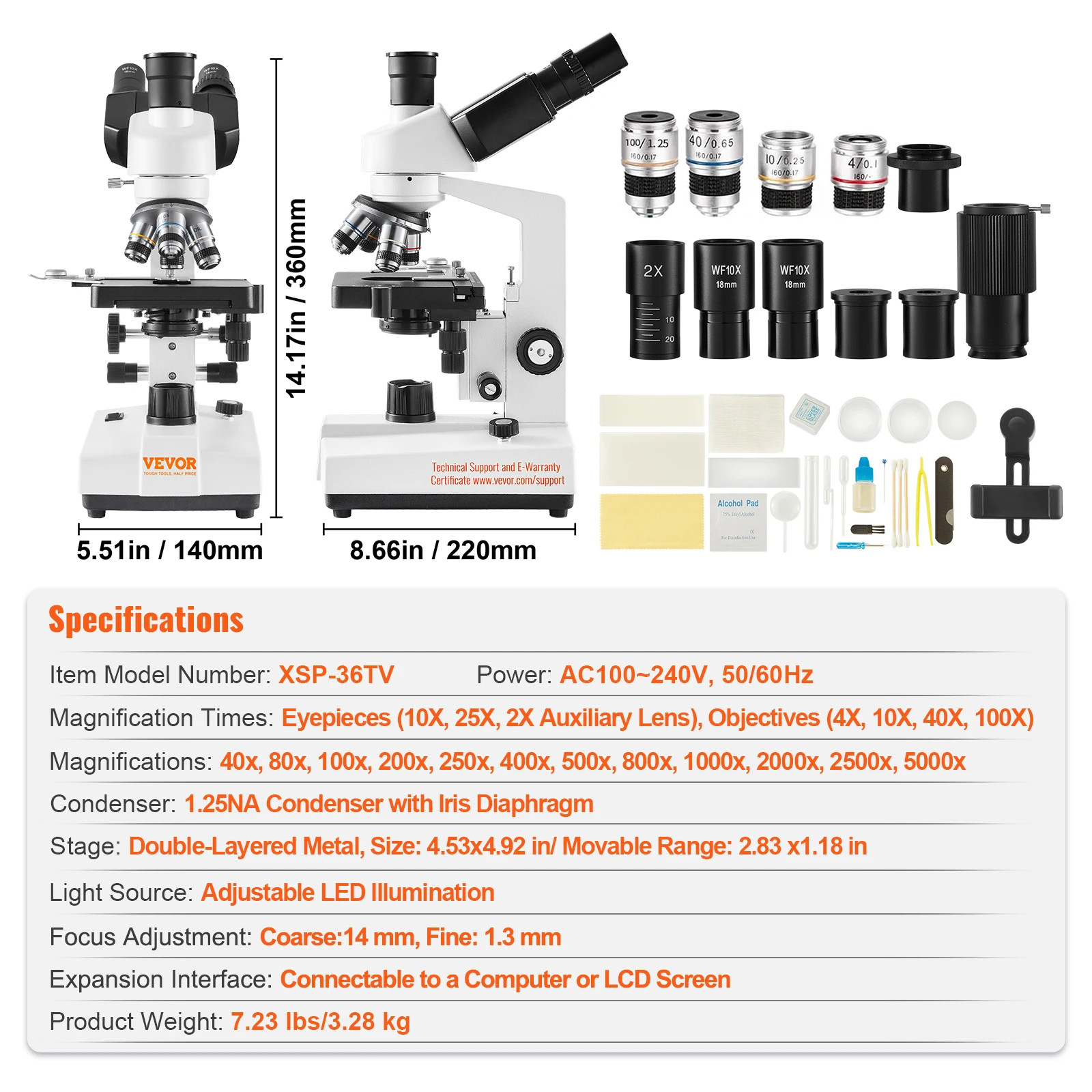 Compound Trinocular Microscope 40X-2500/40X-5000X Magnification Lab Microscope