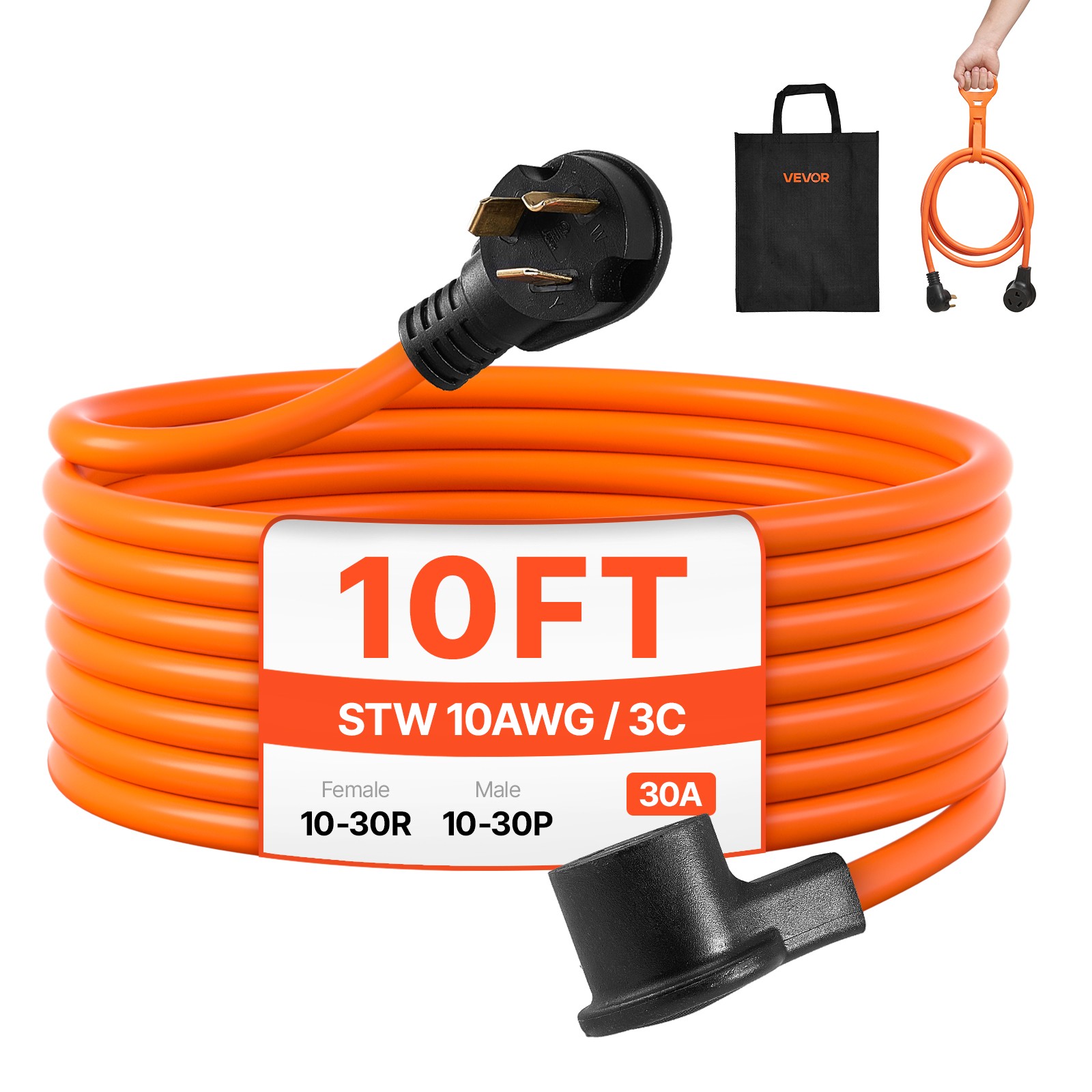 10 ft Dryer Extension Cord 3-Prong NEMA 10-30P to 10-30R Dryer Cord 30A