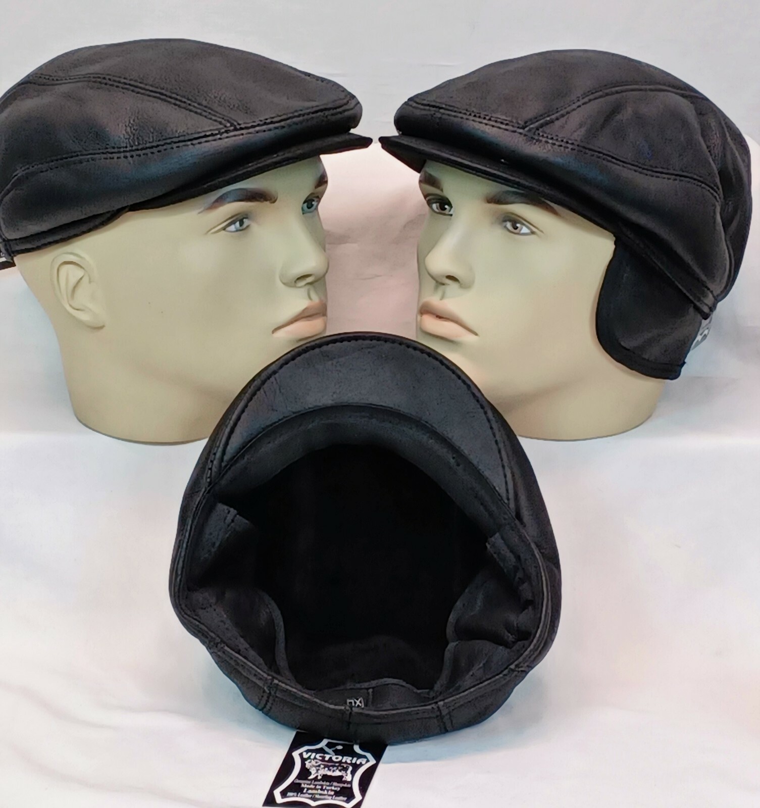 BLACK 100% REAL SHEEPSKIN SHEARLING LEATHER FUR Driving Newsboy Hat Gatsby S-3XL