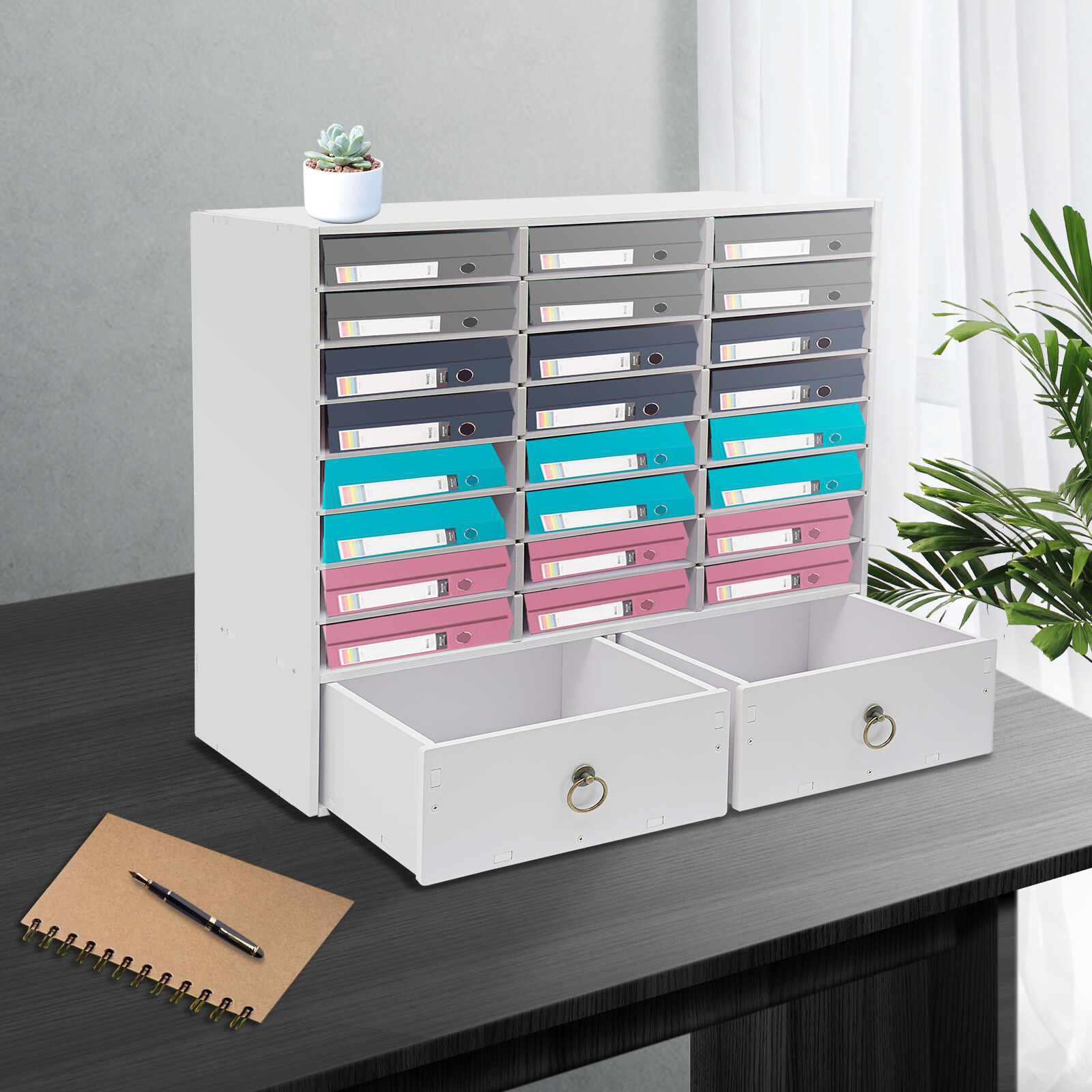 24 Compartments Paper and Mail Organizer Storage Cabinet and 2 Drawers