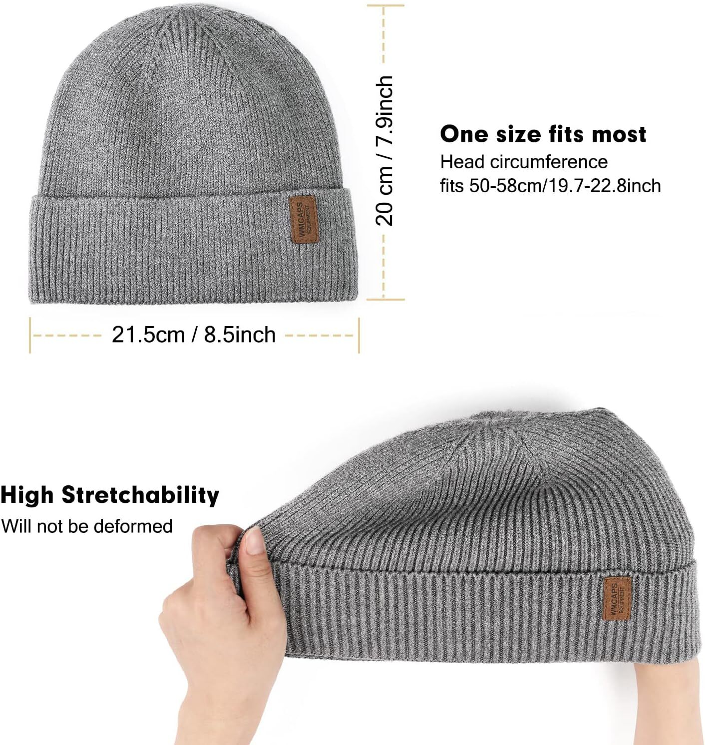 Wmcaps Winter Beanie Hats for Men Women, Fleece Lined One Size, Grey